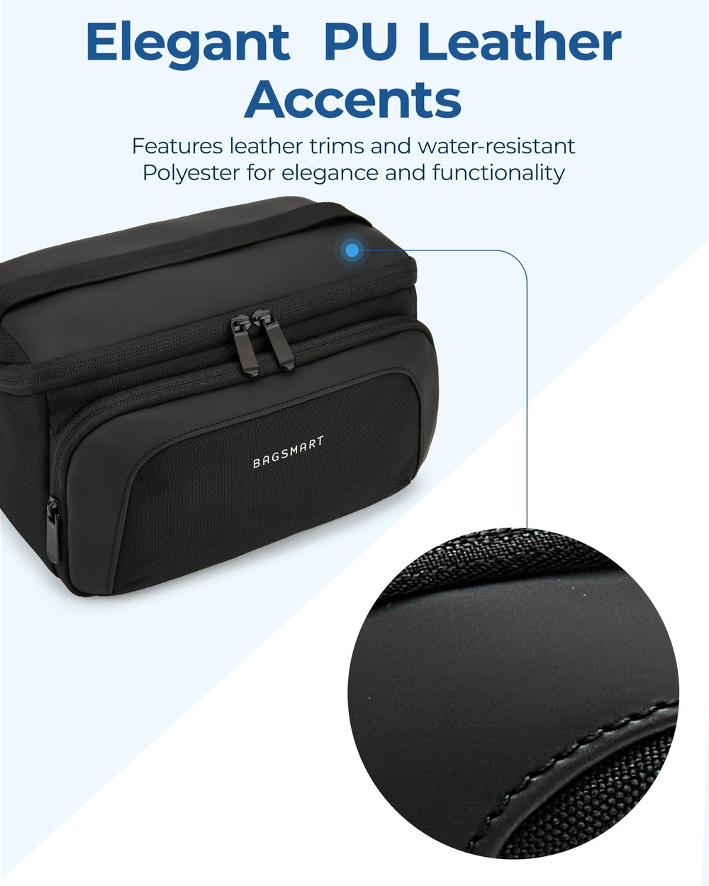 BAGSMART toiletry bag handle and durable two-way zippers simplify packing.
