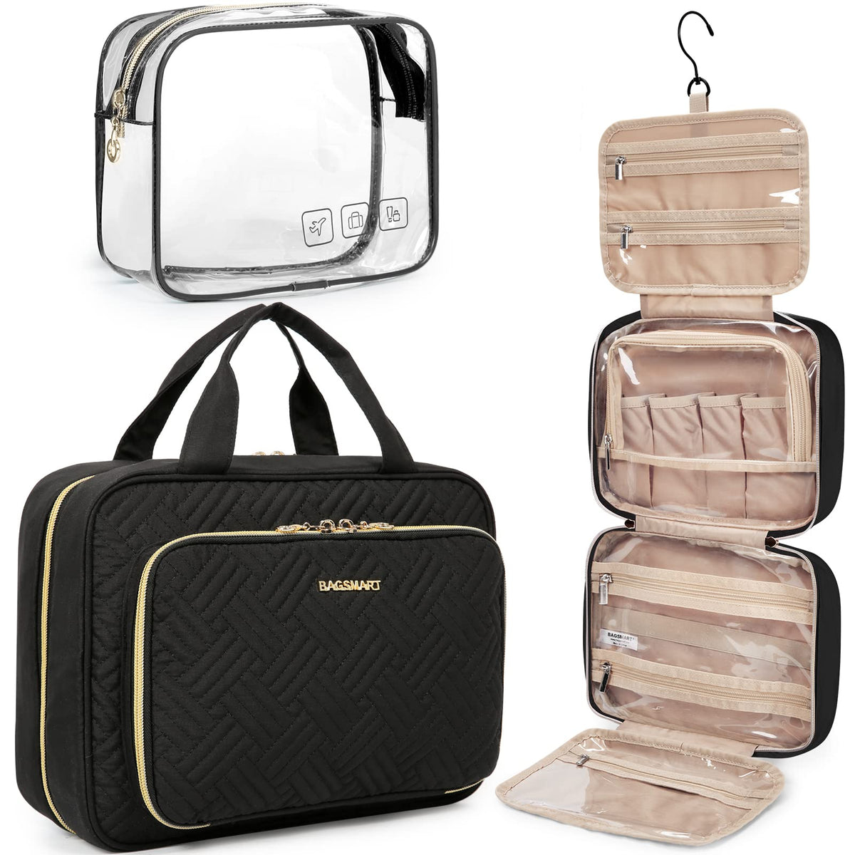 BAGSMART toiletry bag hanging 360-hook demonstrates easy-access, space-saving organization for hotel bathrooms.