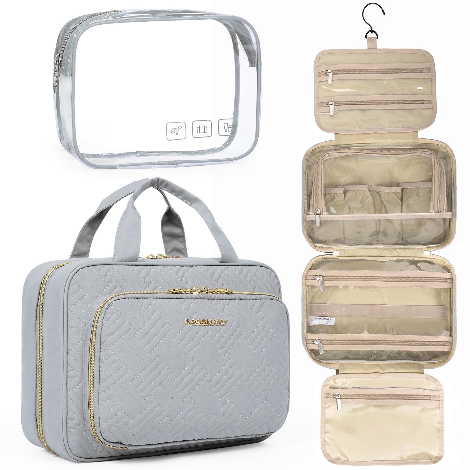 BAGSMART toiletry bag with 360-degree swivel hook for versatile hanging in bathrooms and hotel rooms.