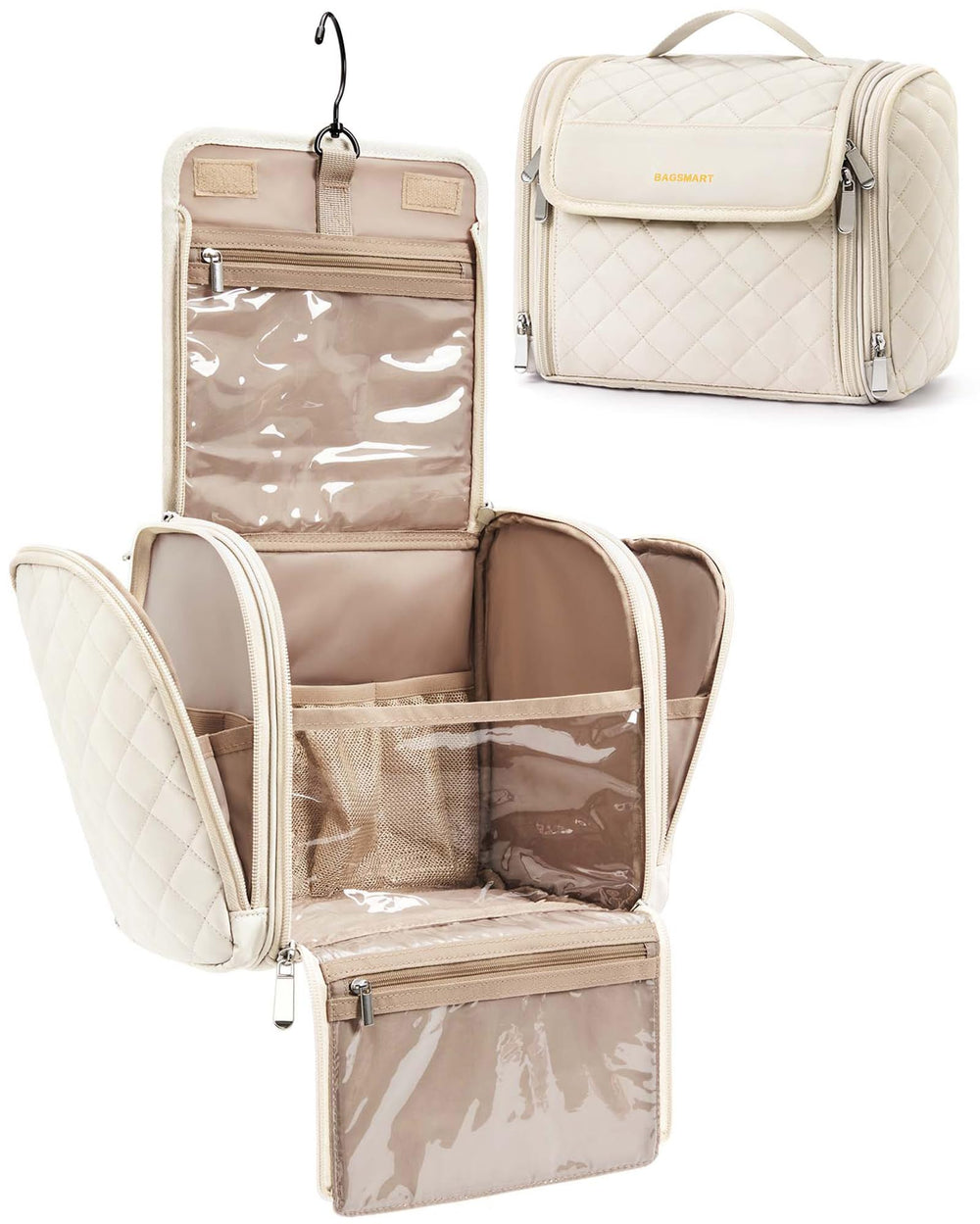 BAGSMART Toiletry Bag with hanging hook beige for travel cosmetics