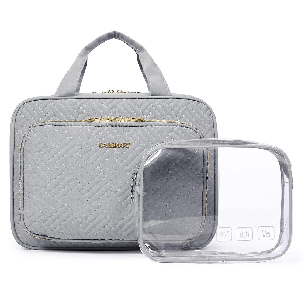BAGSMART Toiletry Bag Hanging Large Grey shows organized storage for full-sized toiletries on the go