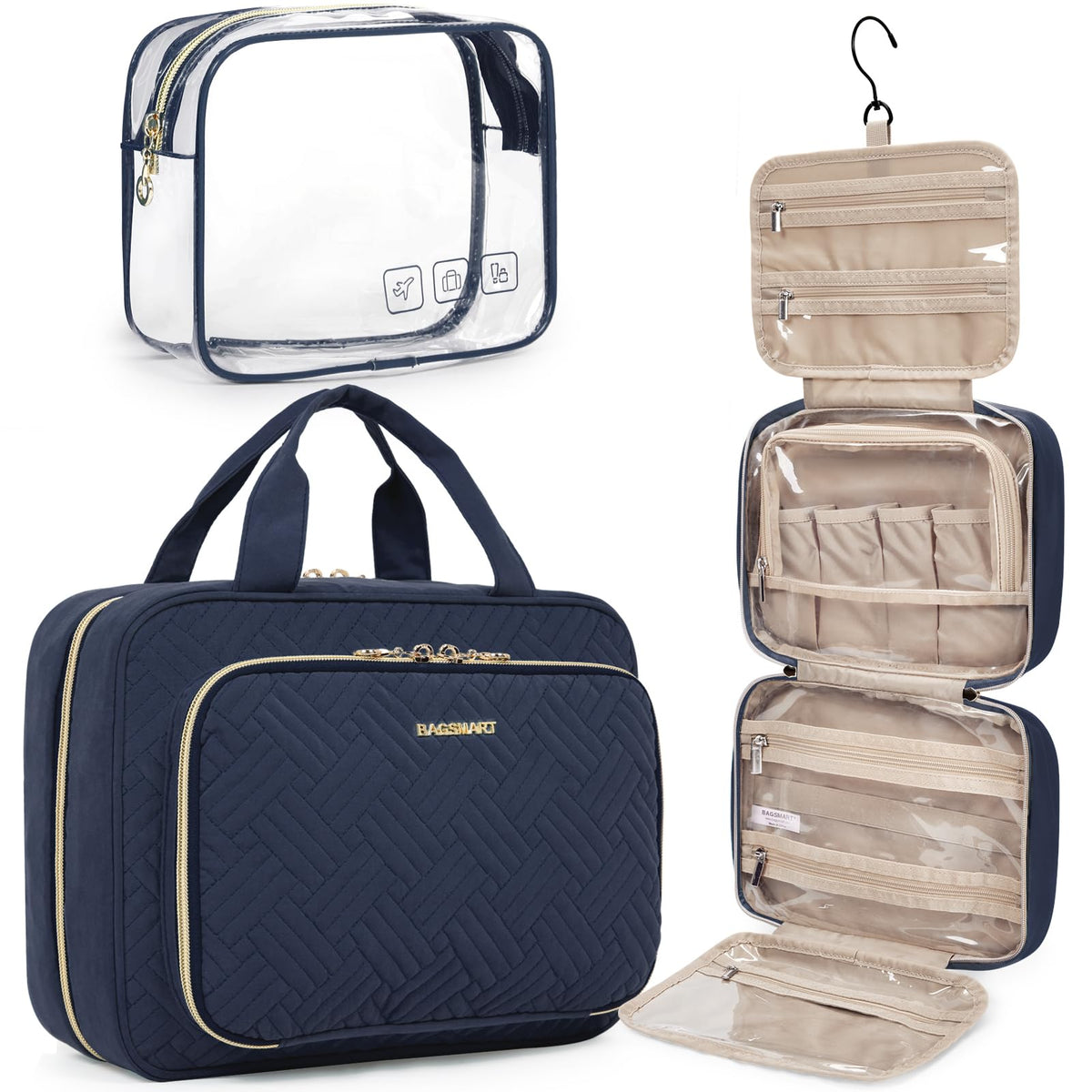 BAGSMART toiletry bag hanging navy demonstrates easy hanging for compact travel organization.