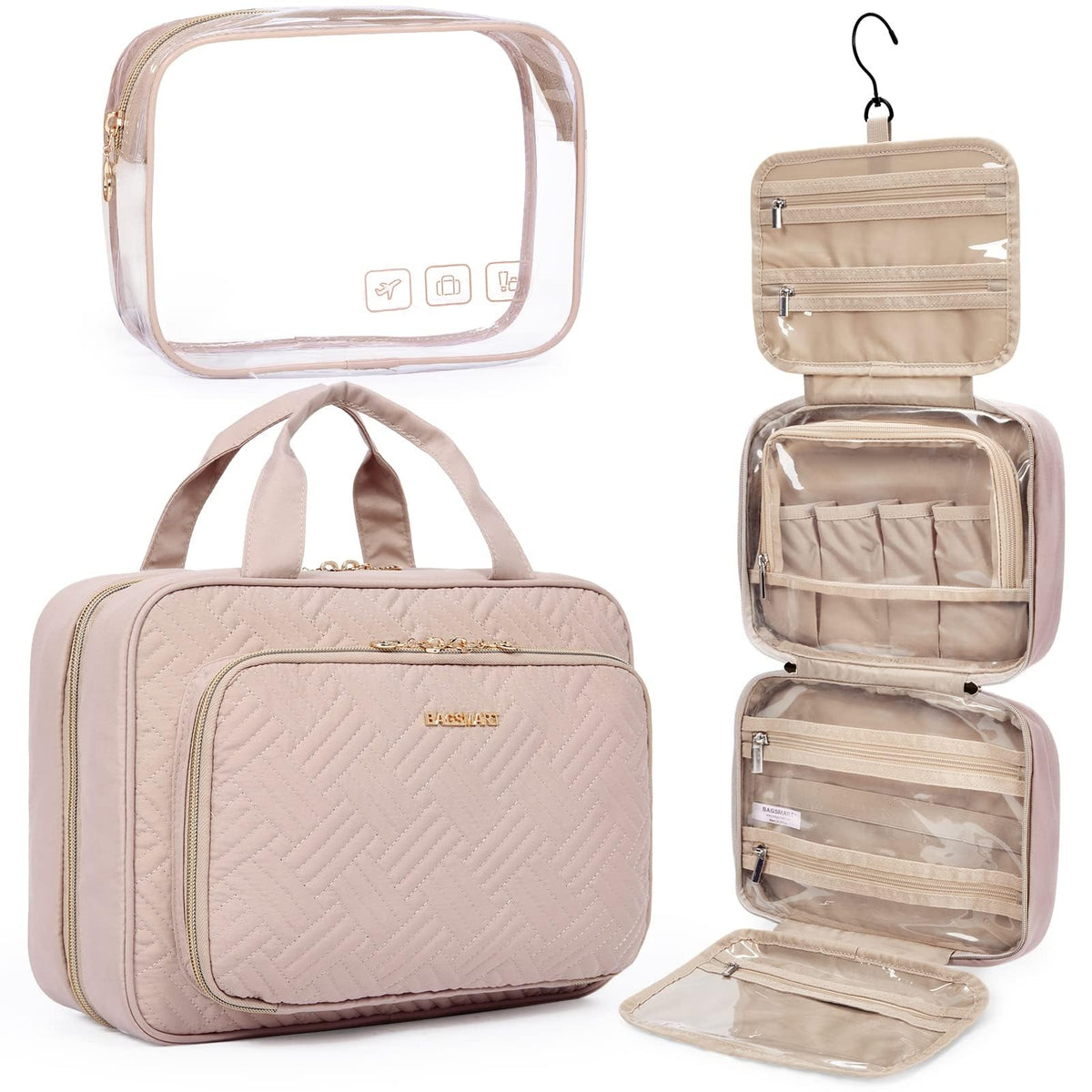 BAGSMART toiletry bag hanging pink closed for compact travel storage.