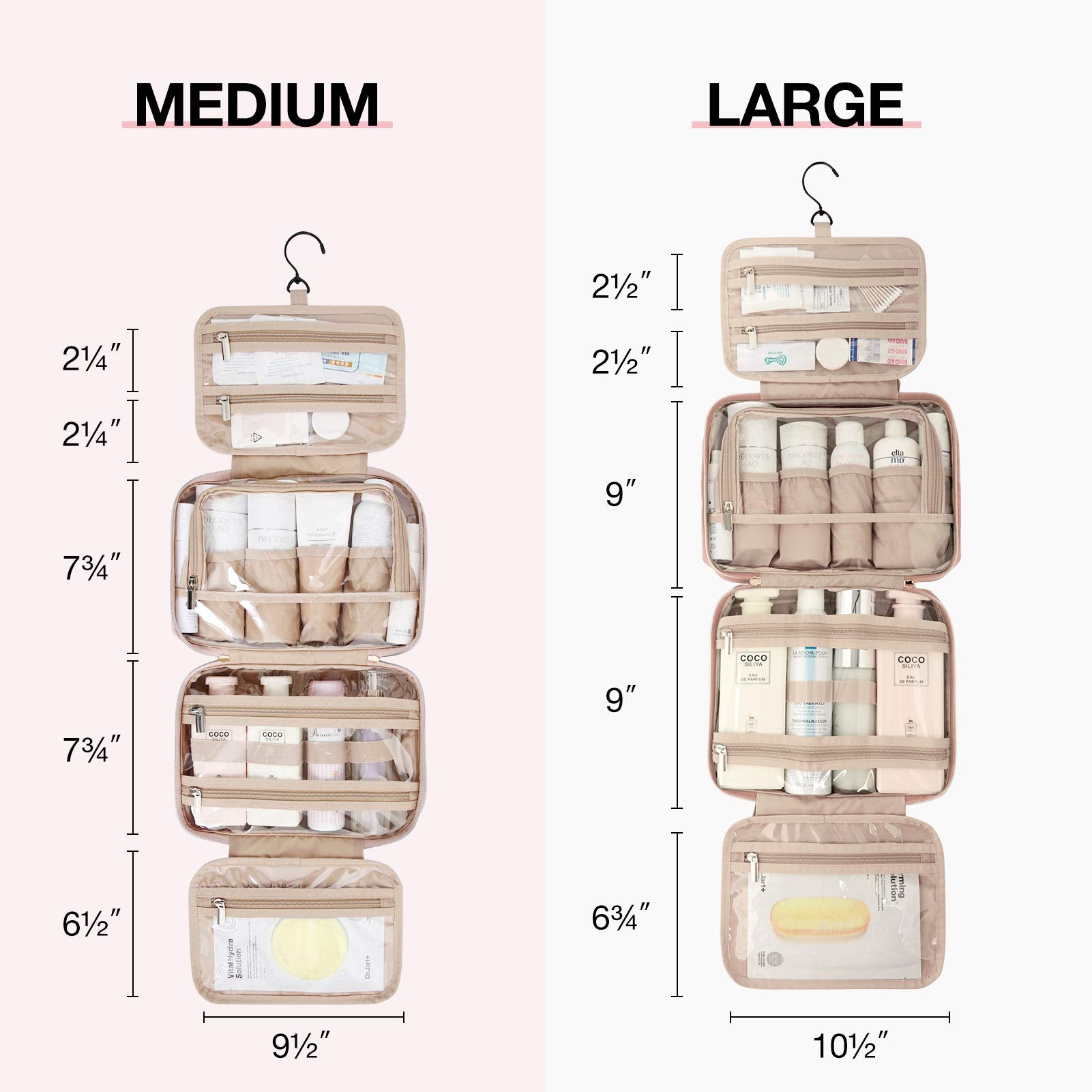 BAGSMART toiletry bag hanging pink opened for quick access to cosmetics.