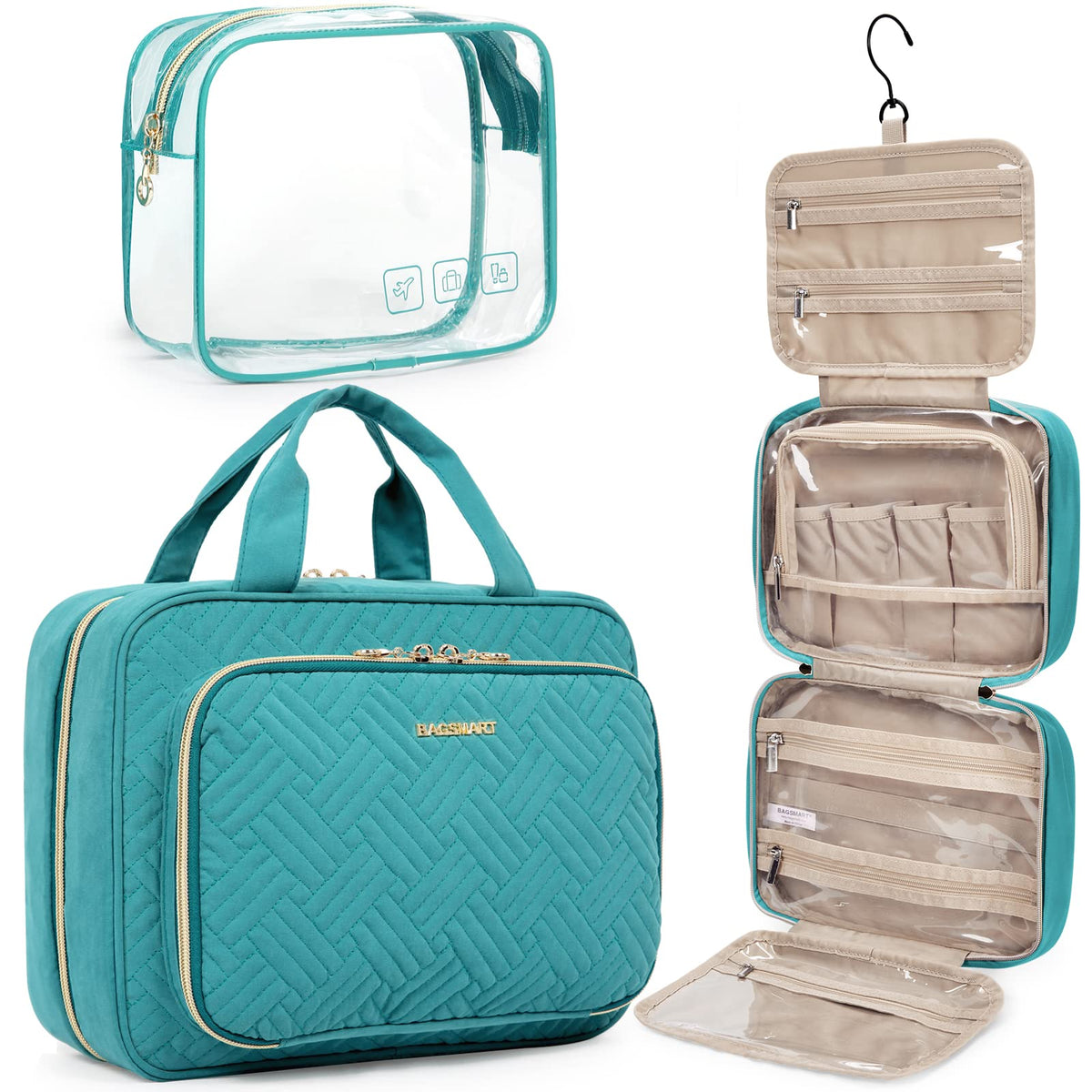 BAGSMART Toiletry Bag Hanging Travel Organizer in blue for easy access during travel