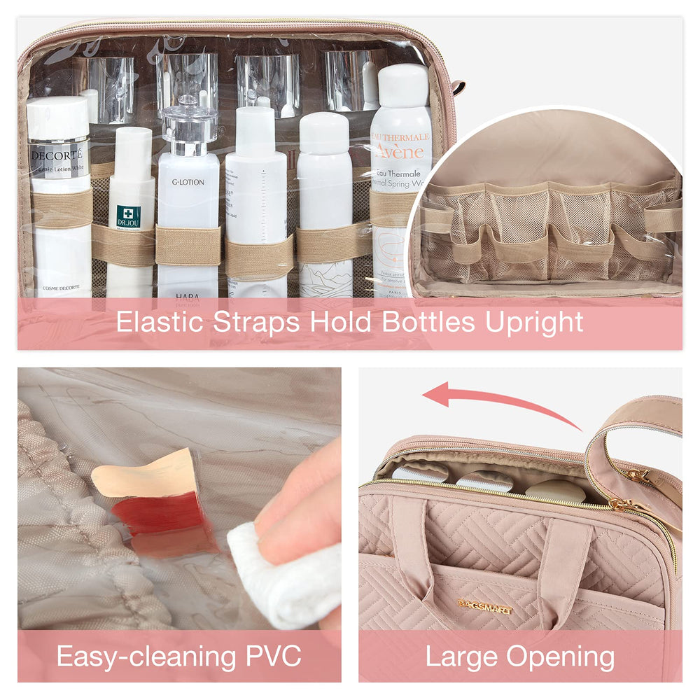 BagSmart toiletry bag open layout shows multiple compartments for easy packing