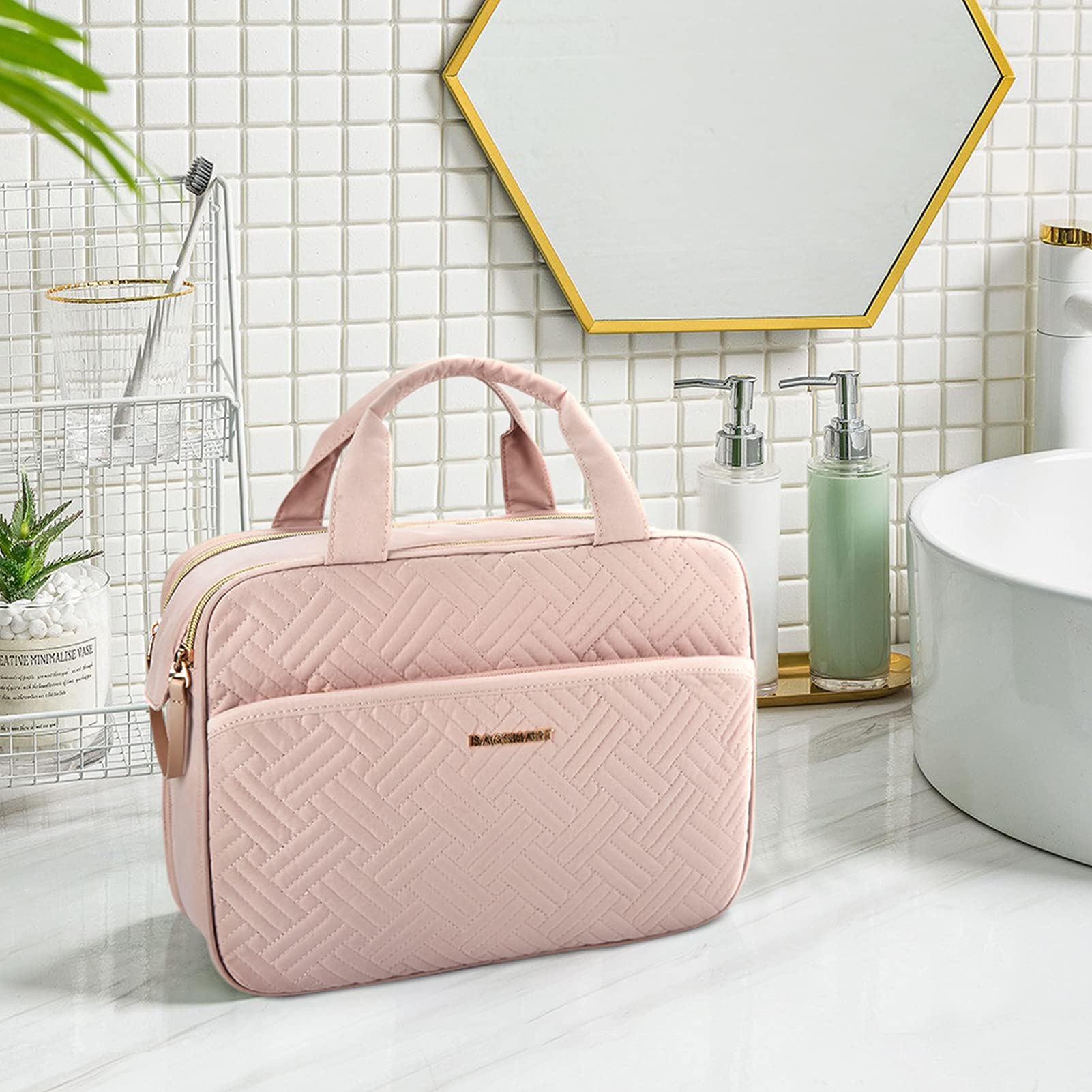 BagSmart toiletry bag medium pink side pocket keeps brushes neatly separated for easy access