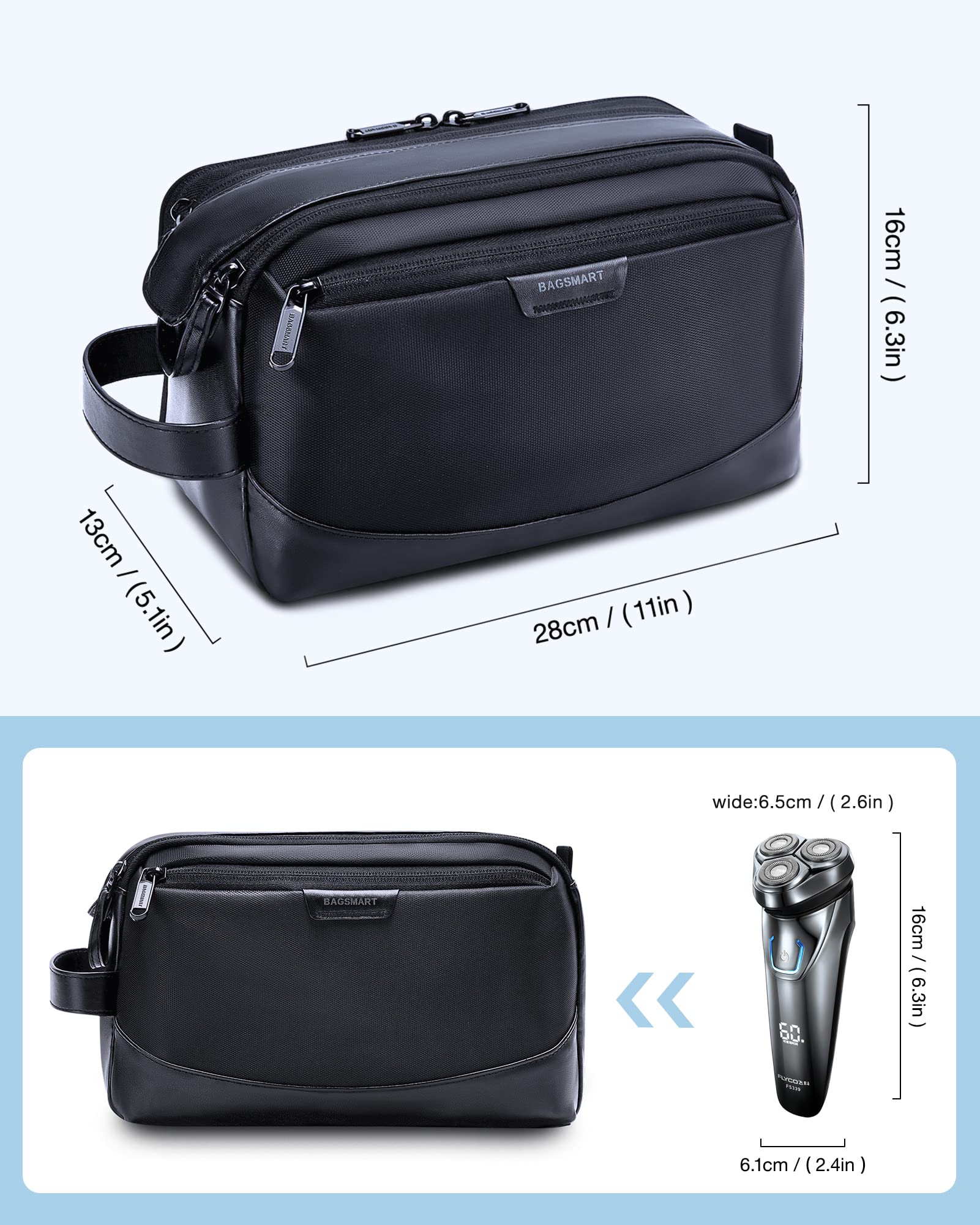 BAGSMART Toiletry Bag interior layout emphasizes upright bottle storage and elastic straps.