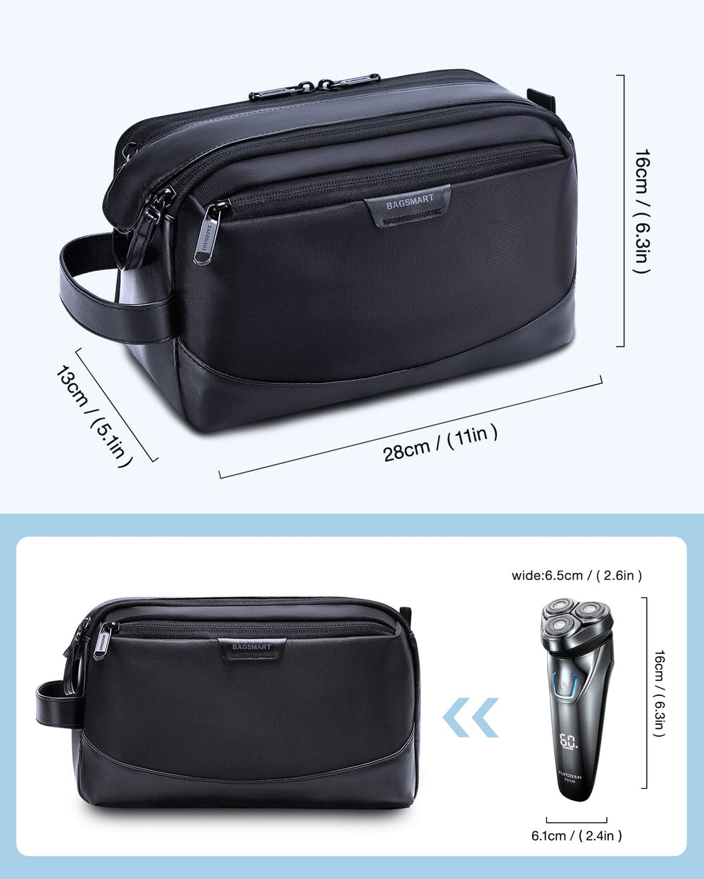 BAGSMART Toiletry Bag interior layout emphasizes upright bottle storage and elastic straps.