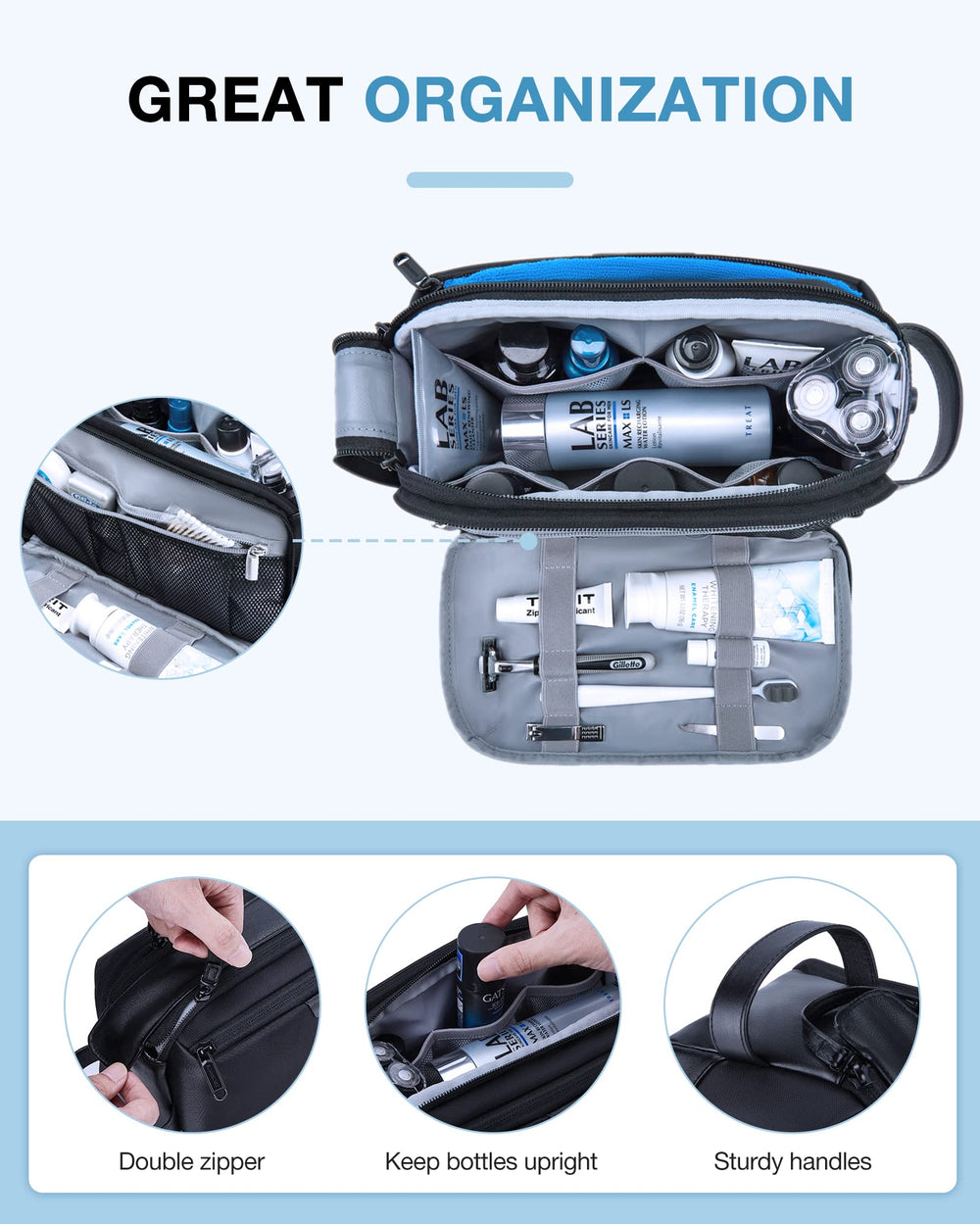 BAGSMART Toiletry Bag separate-pocket design highlights wet/dry separation for toiletries.