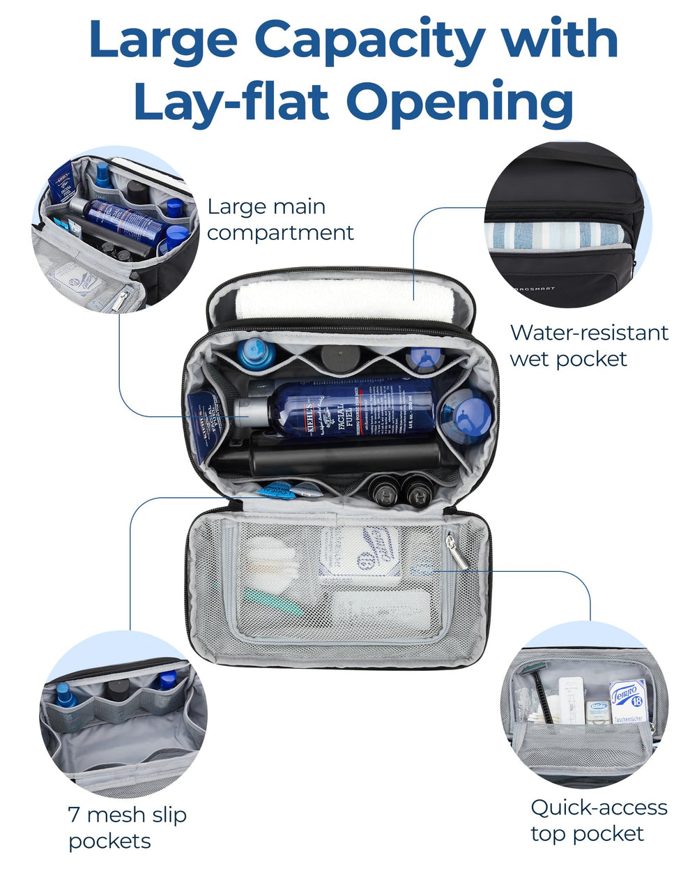 BAGSMART Toiletry Bag mesh pockets organize small items for easy packing.