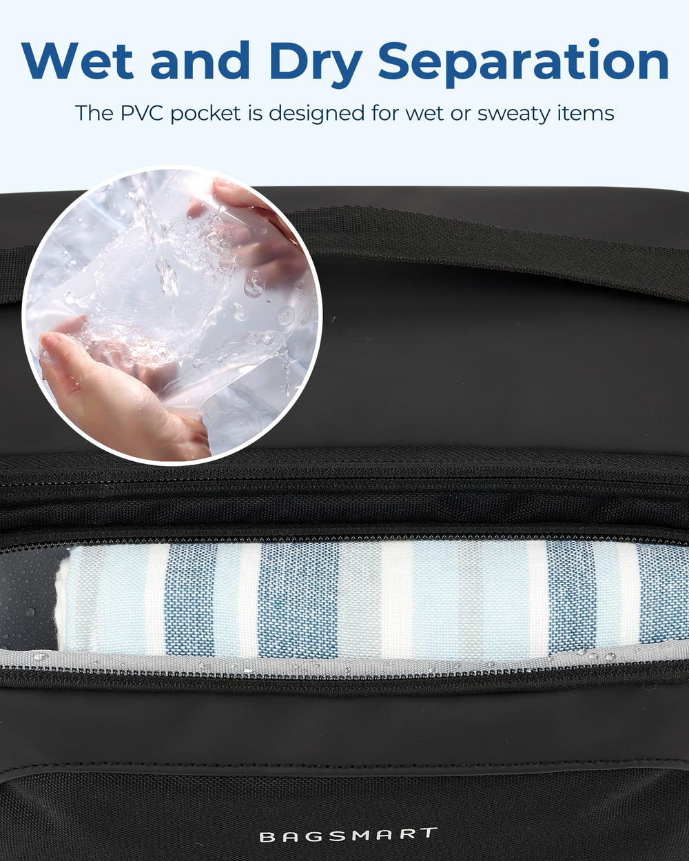 BAGSMART toiletry bag navy tag detail reinforces premium design and quality.