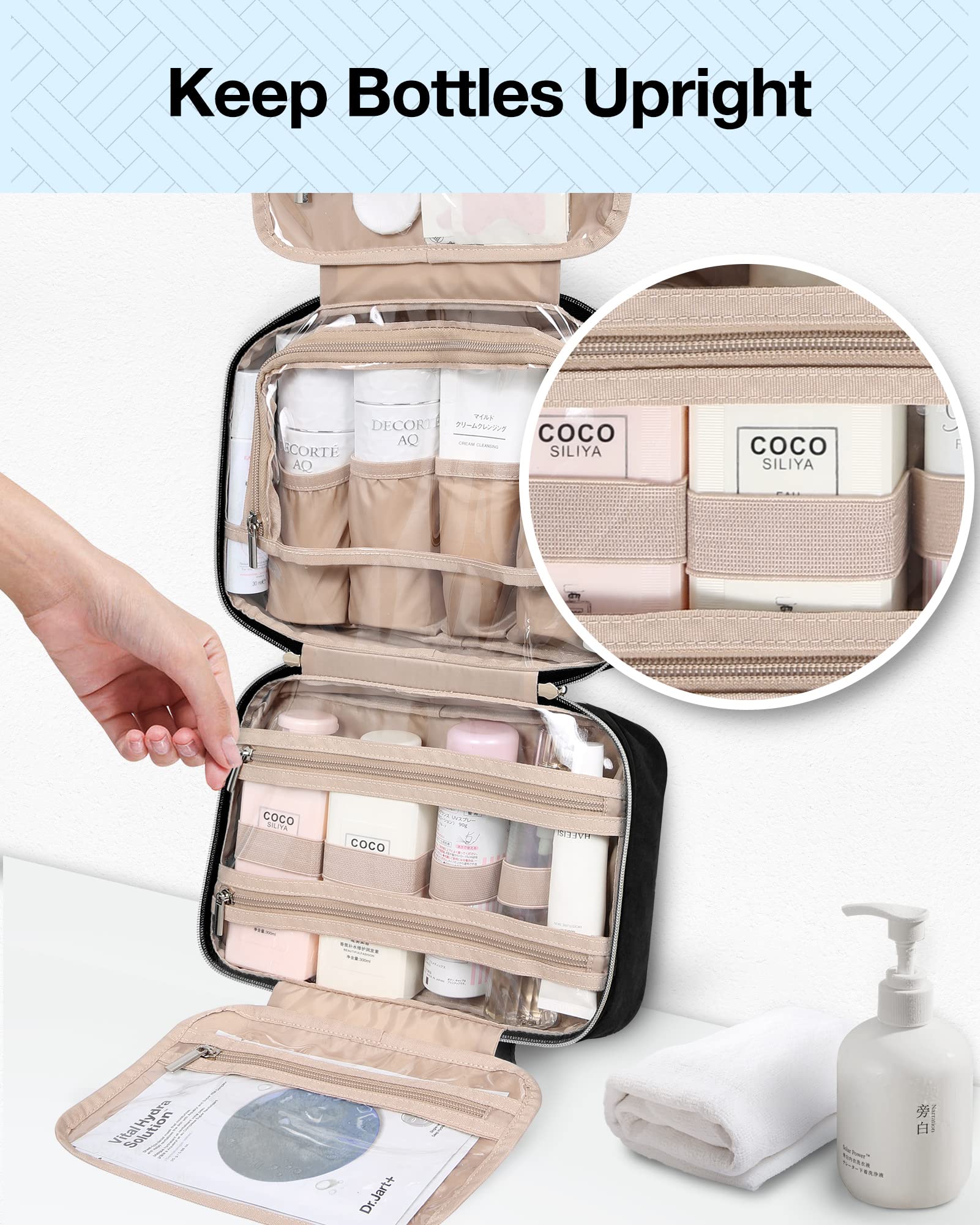 BAGSMART toiletry bag opened-clear-view highlights quick-access compartments for full-sized toiletries.