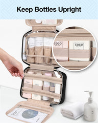BAGSMART toiletry bag opened-clear-view highlights quick-access compartments for full-sized toiletries.