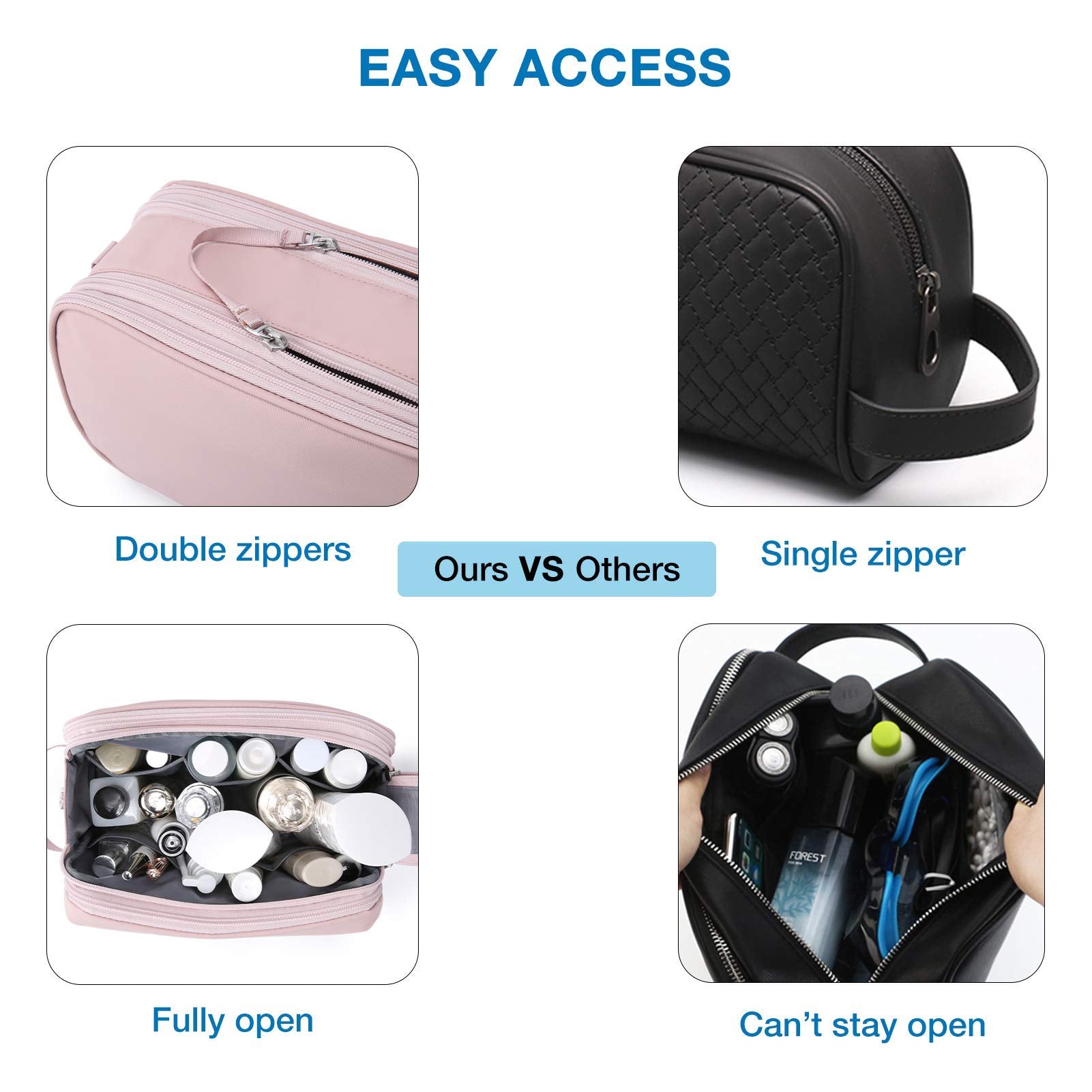 BAGSMART Toiletry Bag pink back pocket with elastic and zippers secures small items.