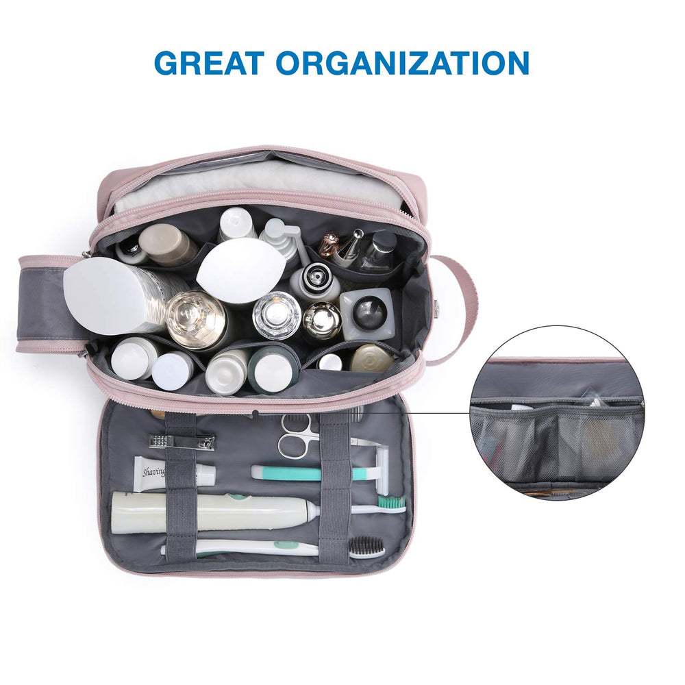 BAGSMART Toiletry Bag pink double-zipper design allows easy access.