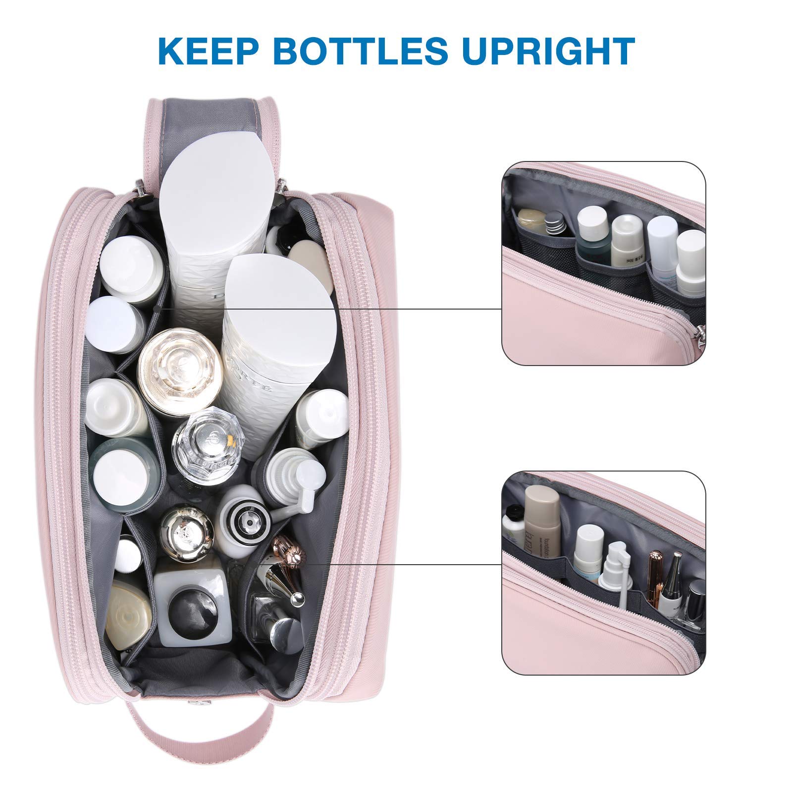 BAGSMART Toiletry Bag pink interior compartments keep bottles upright and organized.