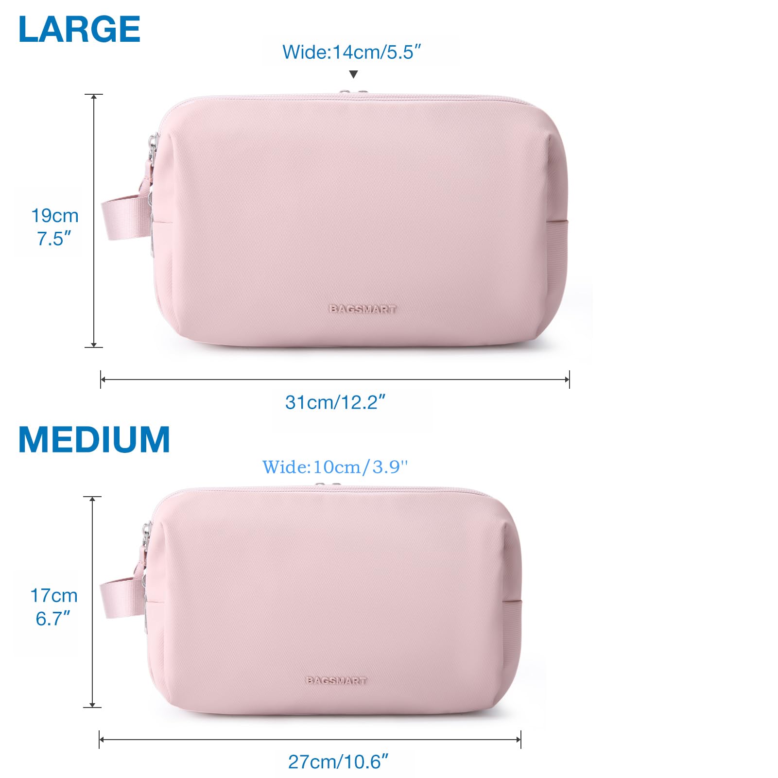 BAGSMART Toiletry Bag pink travel-use bag for home or trips.
