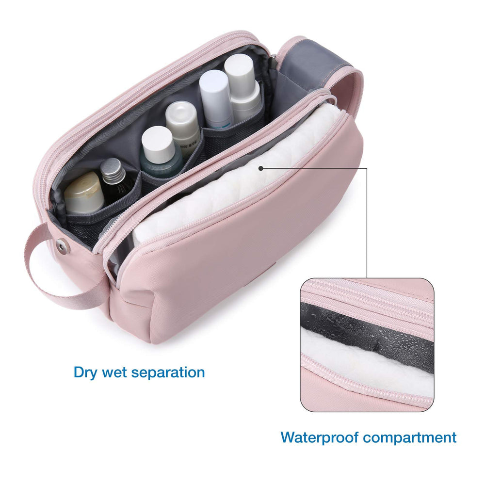 BAGSMART Toiletry Bag pink wet-dry pocket keeps items separated.