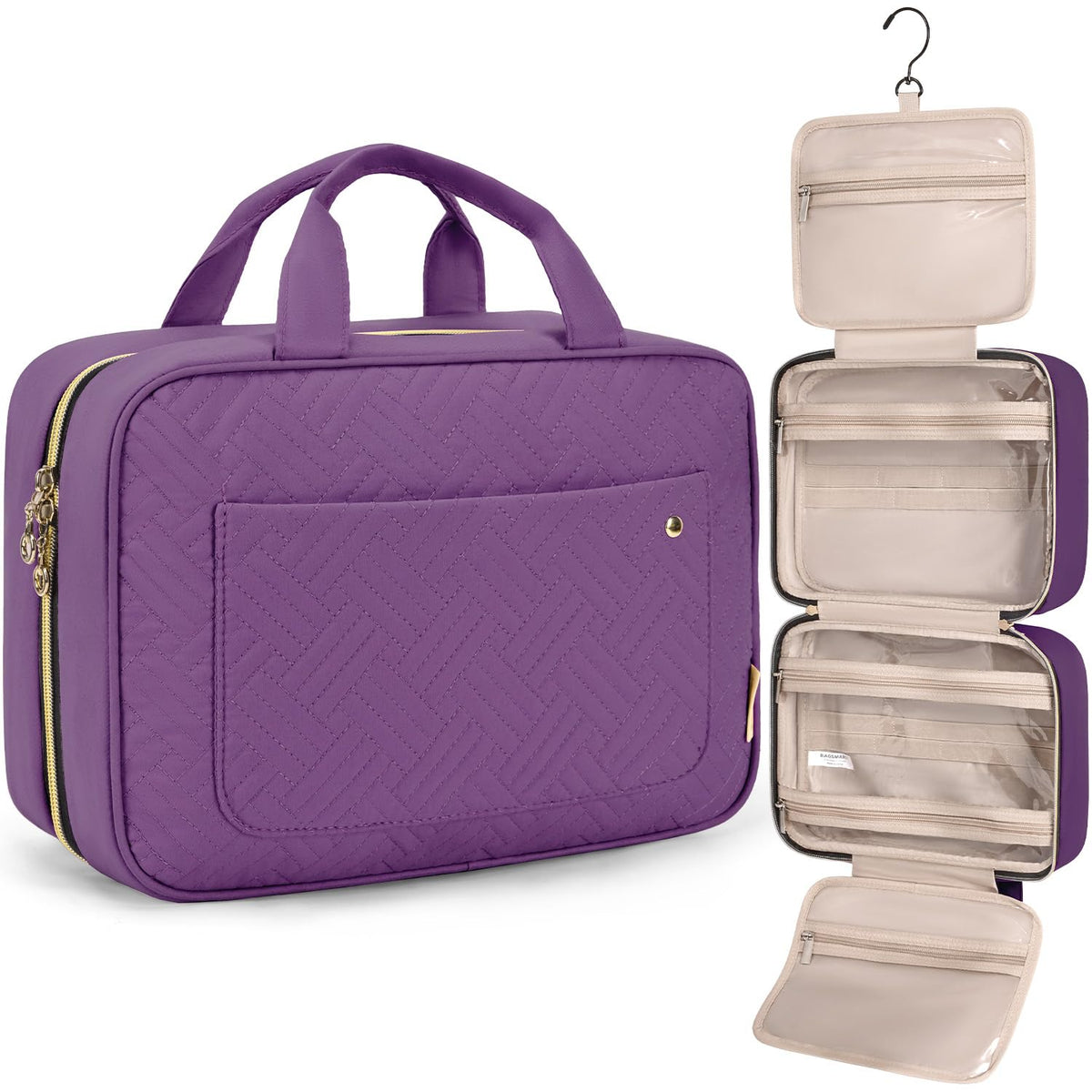 BAGSMART Toiletry Bag purple medium with front view and hanging hook for easy travel organization.