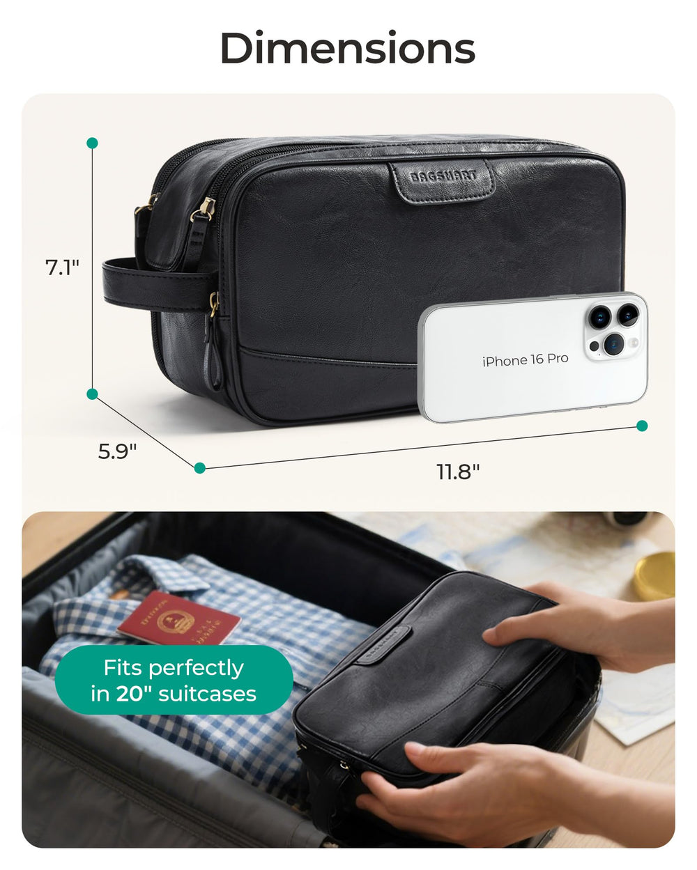 BagSmart Toiletry Bag reinforced base with snap-fastened bottom