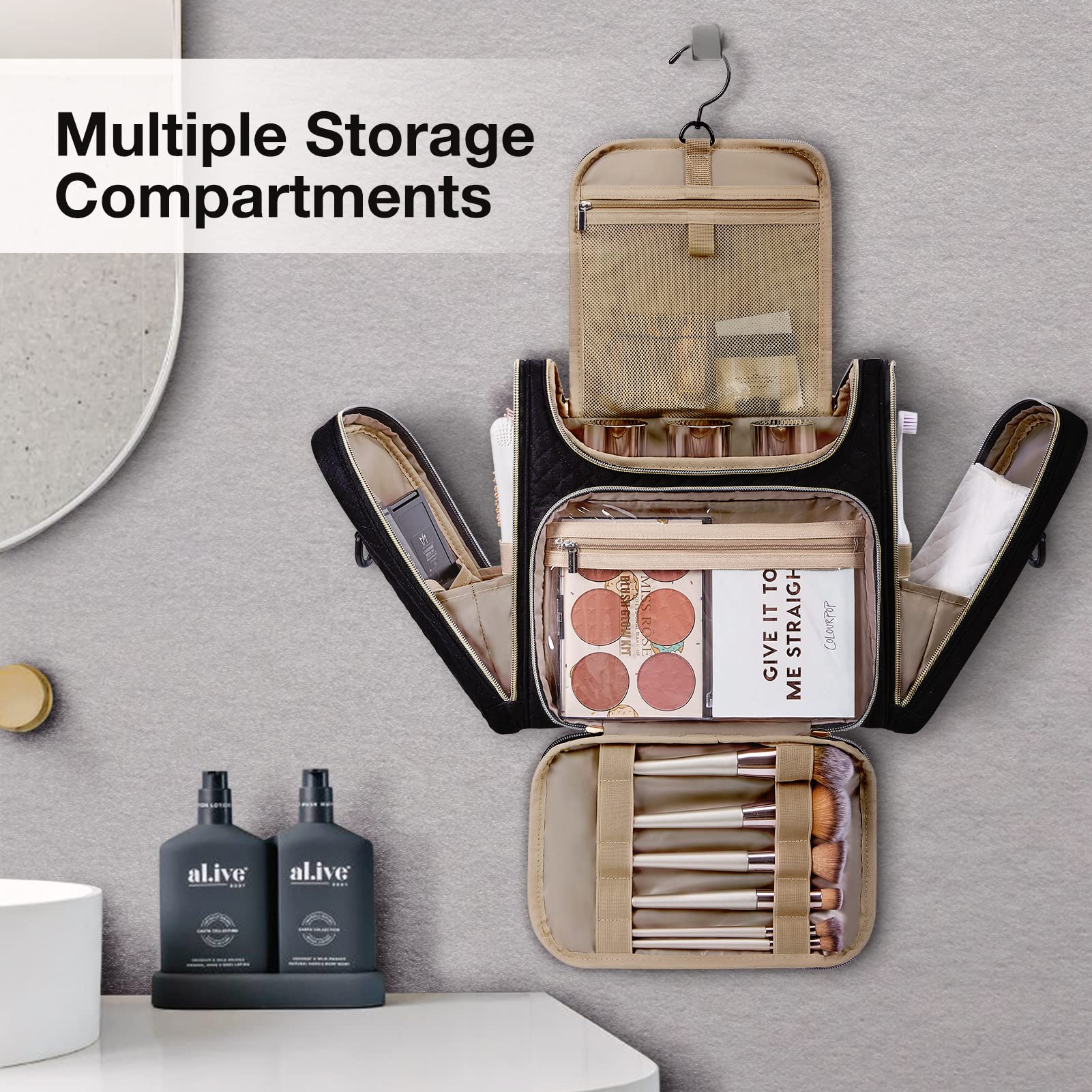 BAGSMART Toiletry Bag side pocket detail separating wet and dry items