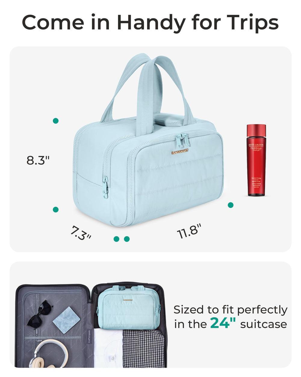BAGSMART toiletry bag stands upright with a middle compartment to prevent leaks.