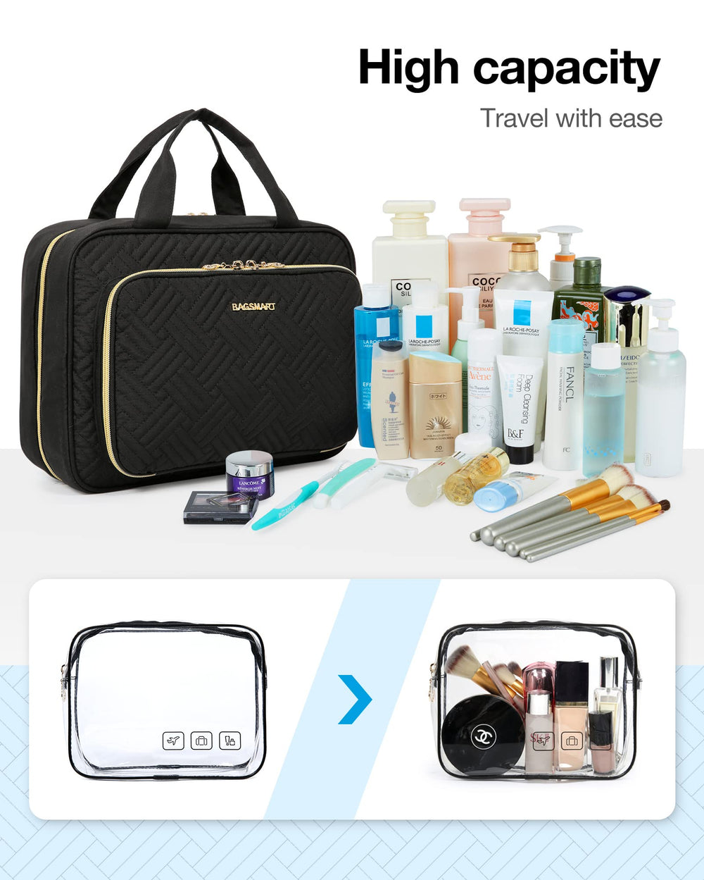 BAGSMART toiletry bag travel-occasions suits overnight stays, gym showers, and outdoor trips.