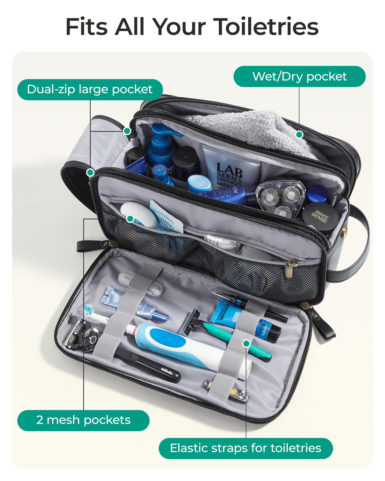 BagSmart Toiletry Bag two-sided pockets back and front view