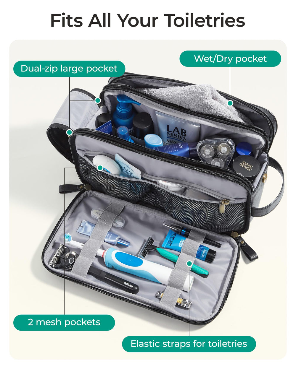 BagSmart Toiletry Bag two-sided pockets back and front view