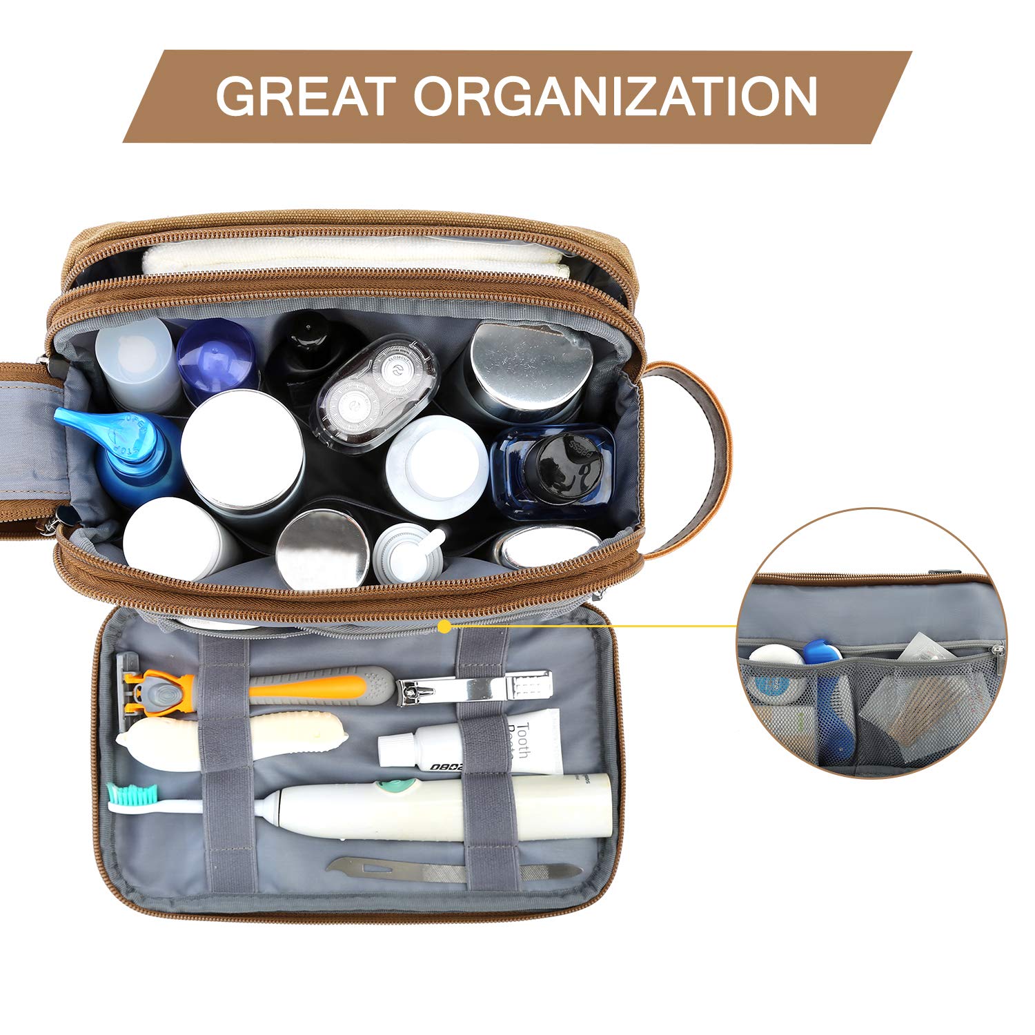 BAGSMART Toiletry Bag features a waterproof back pocket to protect damp items.