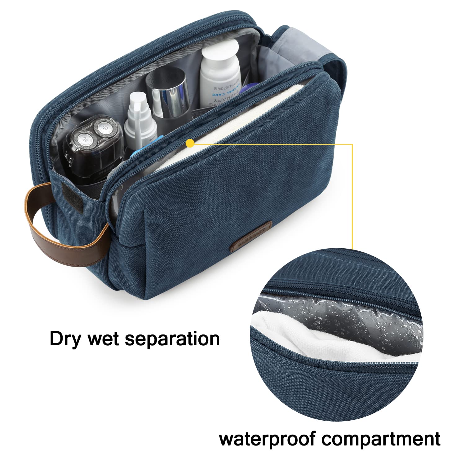 BAGSMART Toiletry Bag waterproof-pocket highlights dry/wet separation for brushes and bottles.
