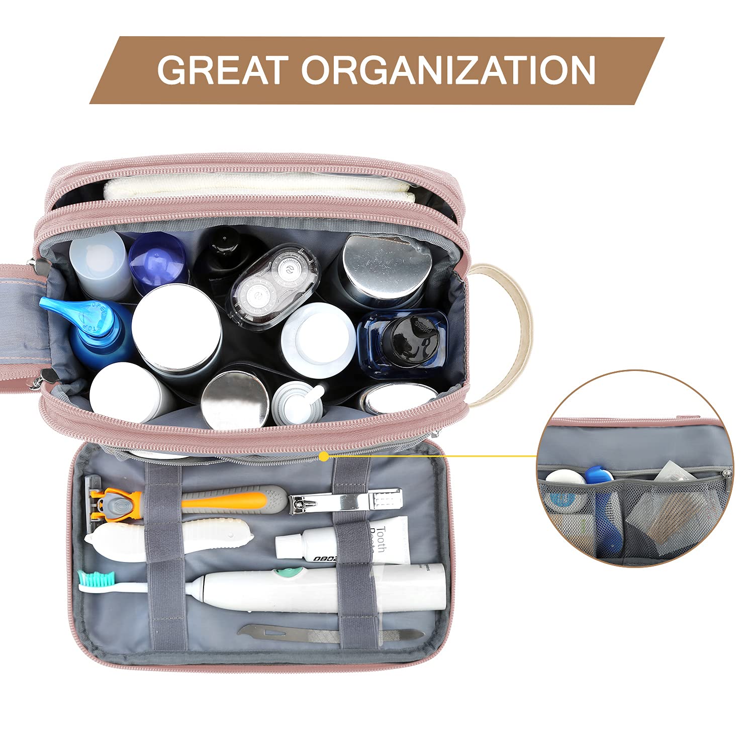 BAGSMART Toiletry Bag for Women pink interior elastic bands keep items secure