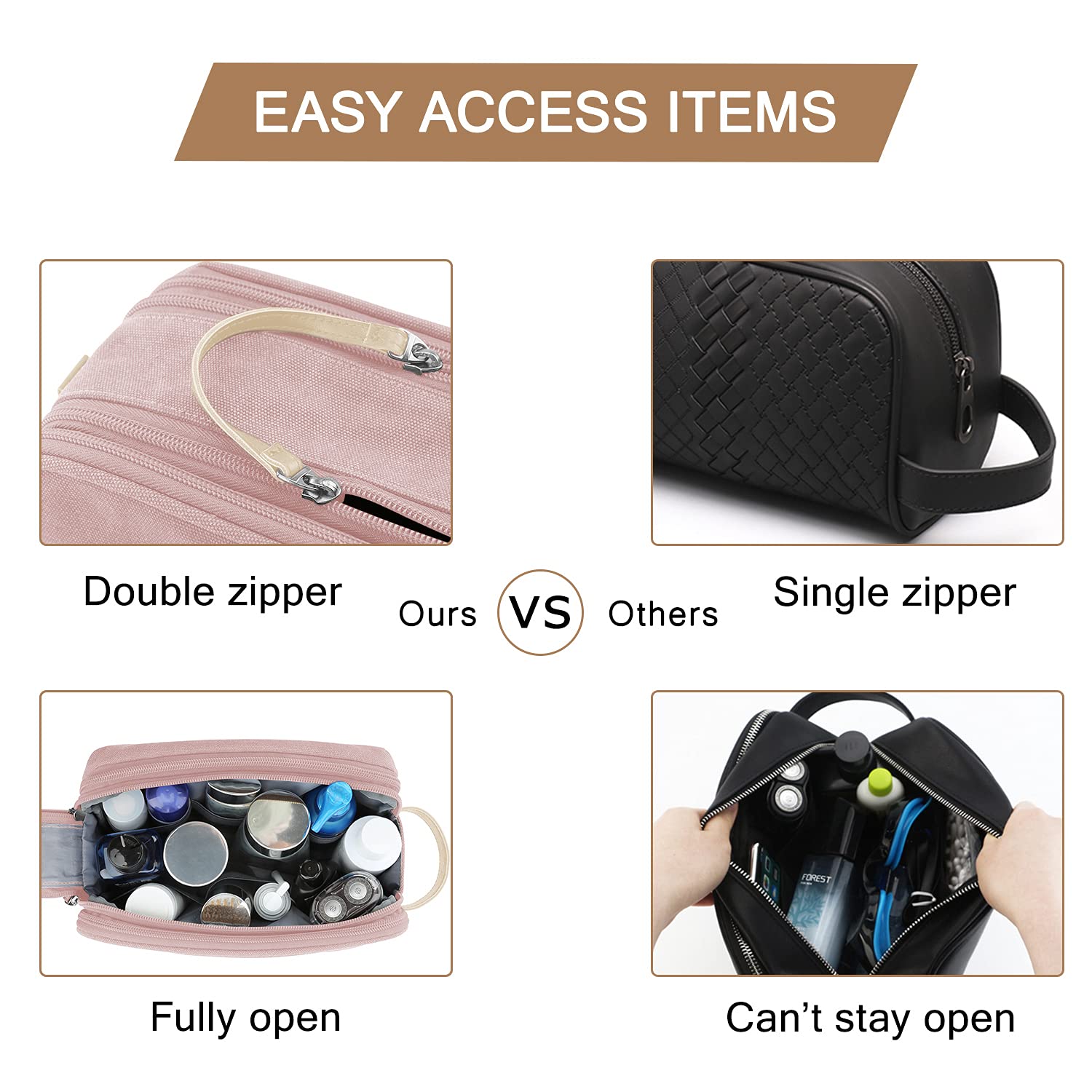 BAGSMART Toiletry Bag for Women pink sturdy leather handle for easy carrying