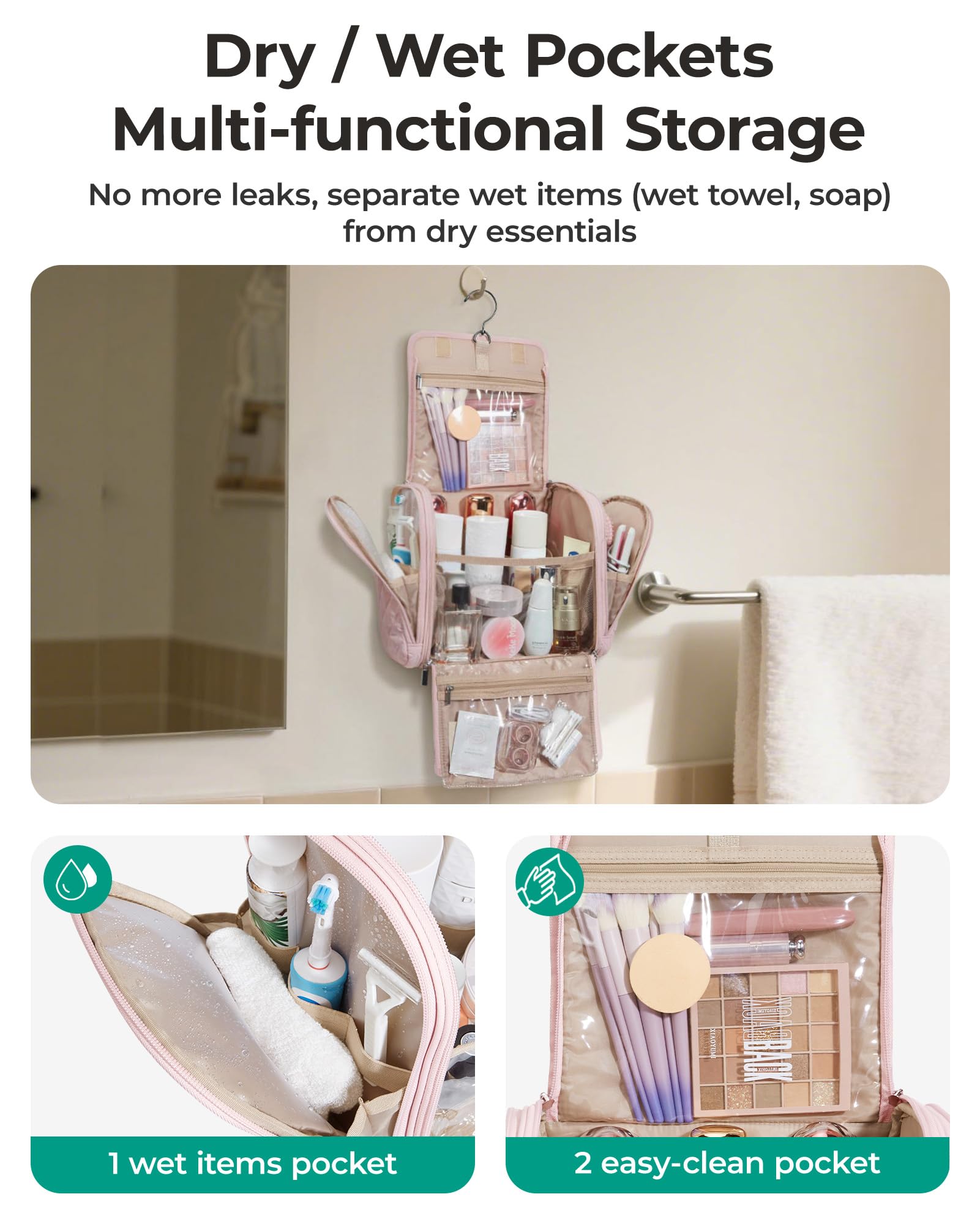 BAGSMART toiletries organizer with elastic bottle straps keeps bottles upright during transit.