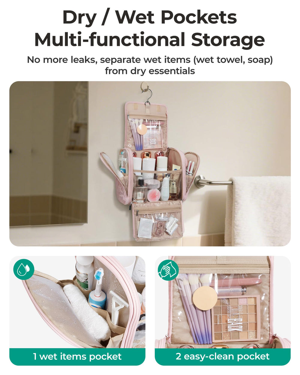 BAGSMART toiletries organizer with elastic bottle straps keeps bottles upright during transit.
