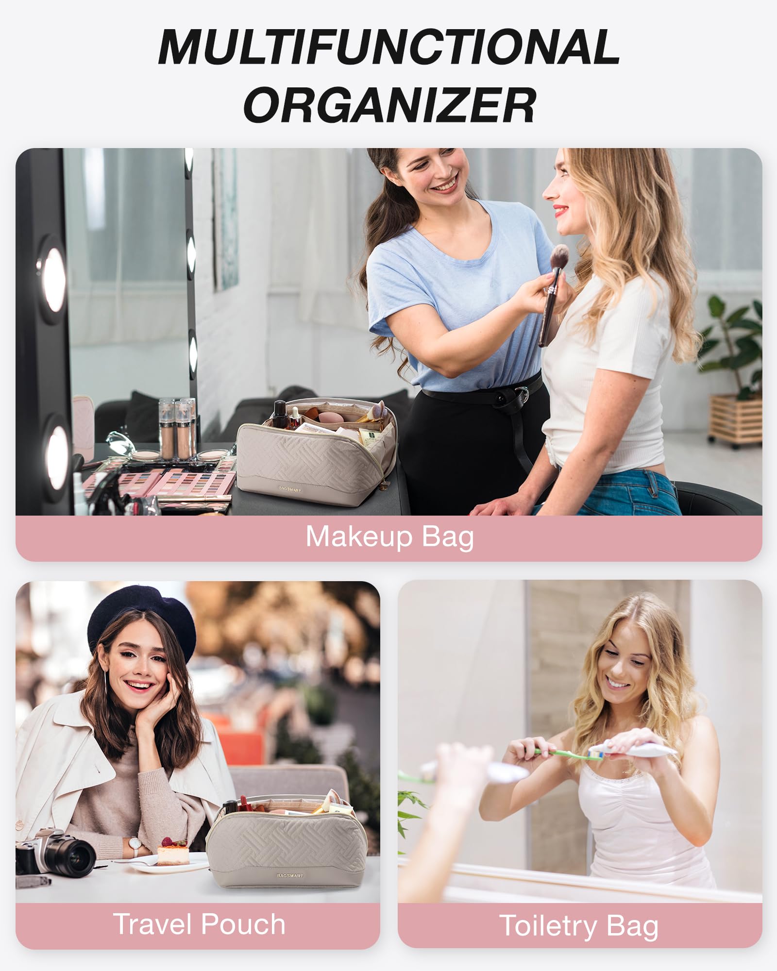 BAGSMART tranquil-gray makeup bag suitable for daily use.