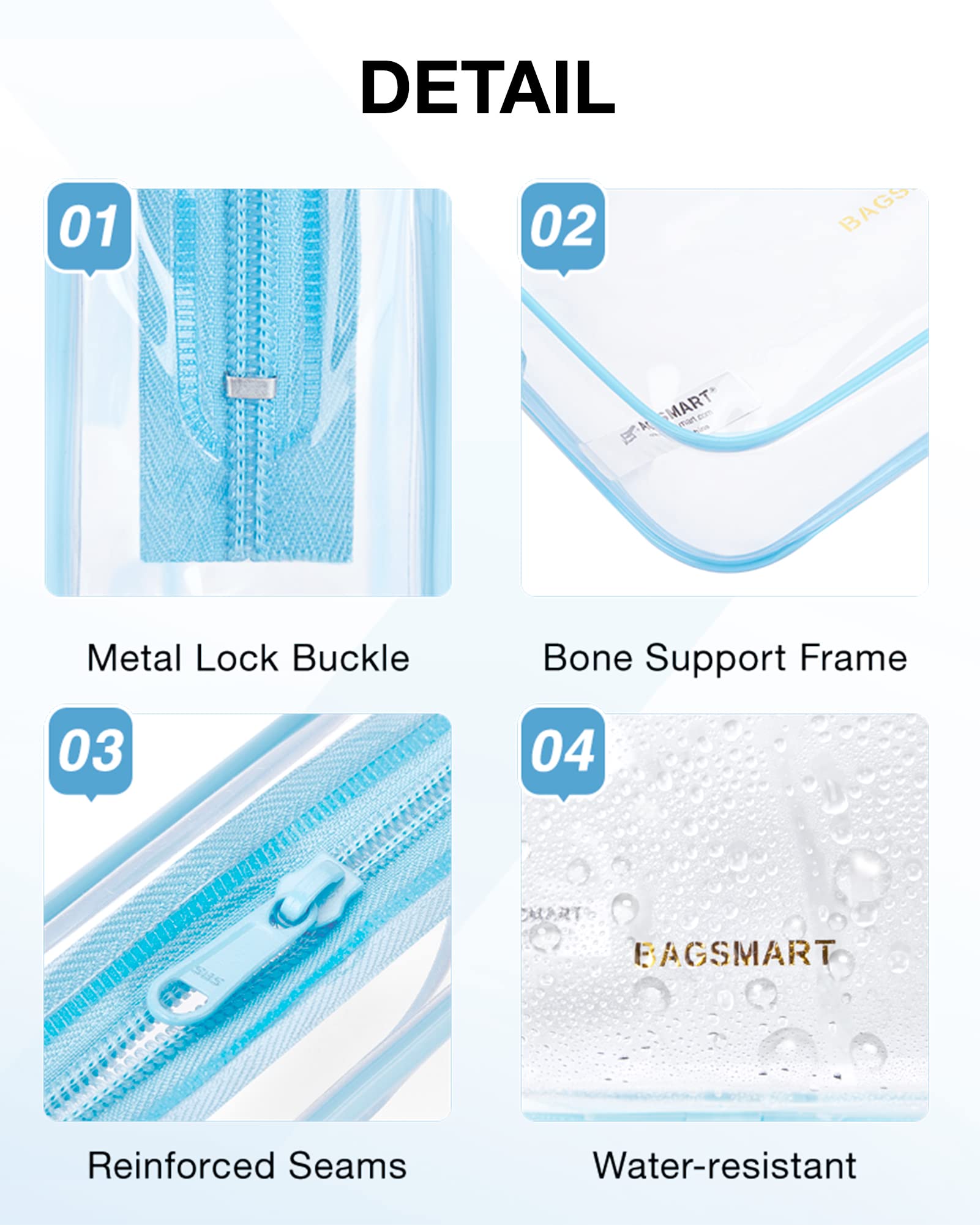BAGSMART clear travel bag blue shows reinforced seams for durability