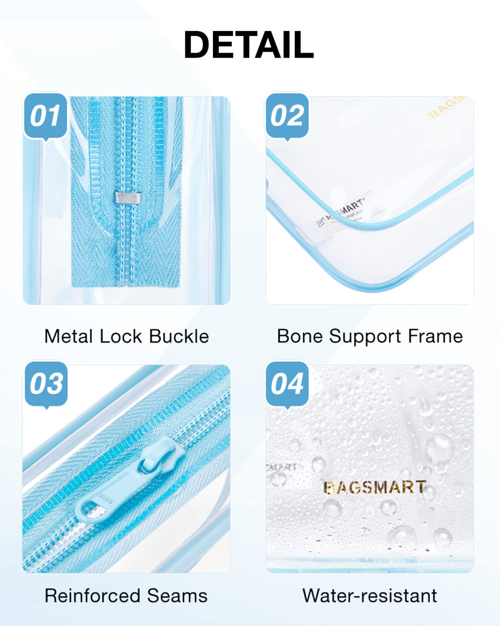 BAGSMART clear travel bag blue shows reinforced seams for durability