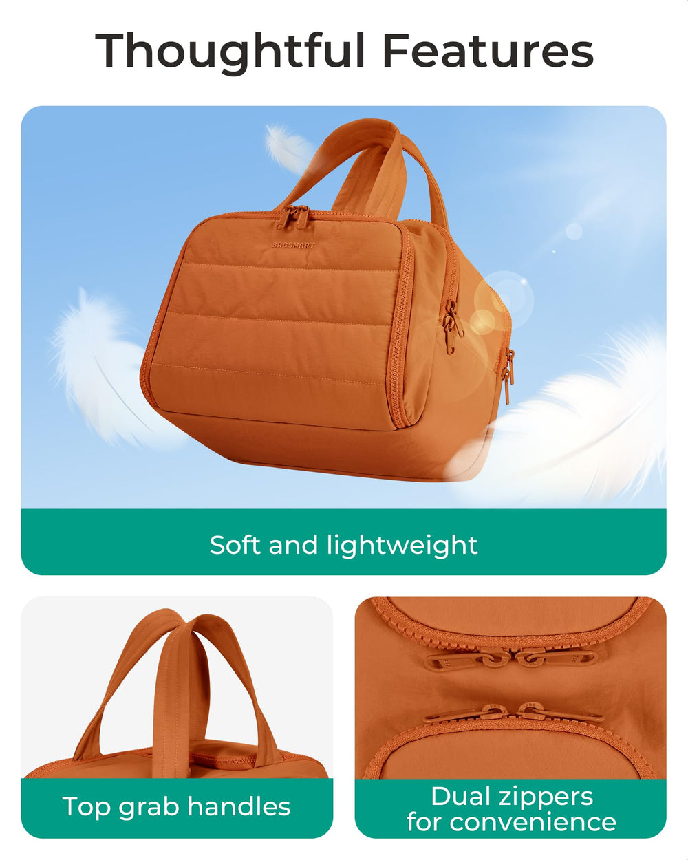 BagSMART travel bag shows dry-wet separation for toiletries and cleanliness.