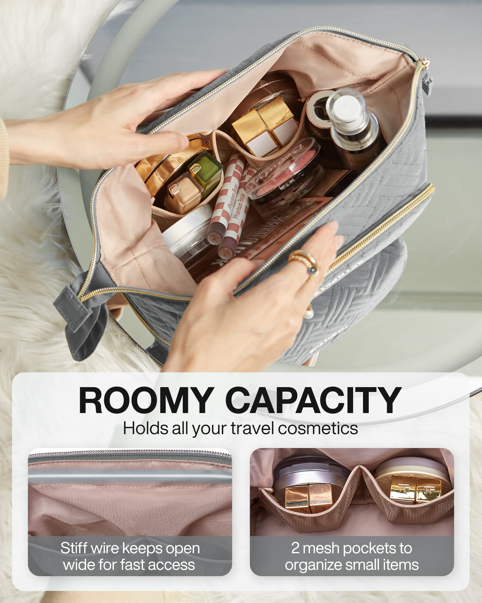 BAGSMART travel makeup bag double-layer brushes secured for safe transport