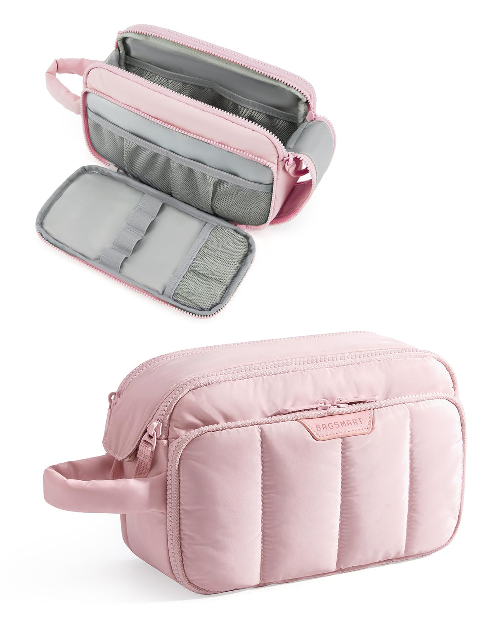BAGSMART travel makeup bag open showing front brush straps for organized packing.