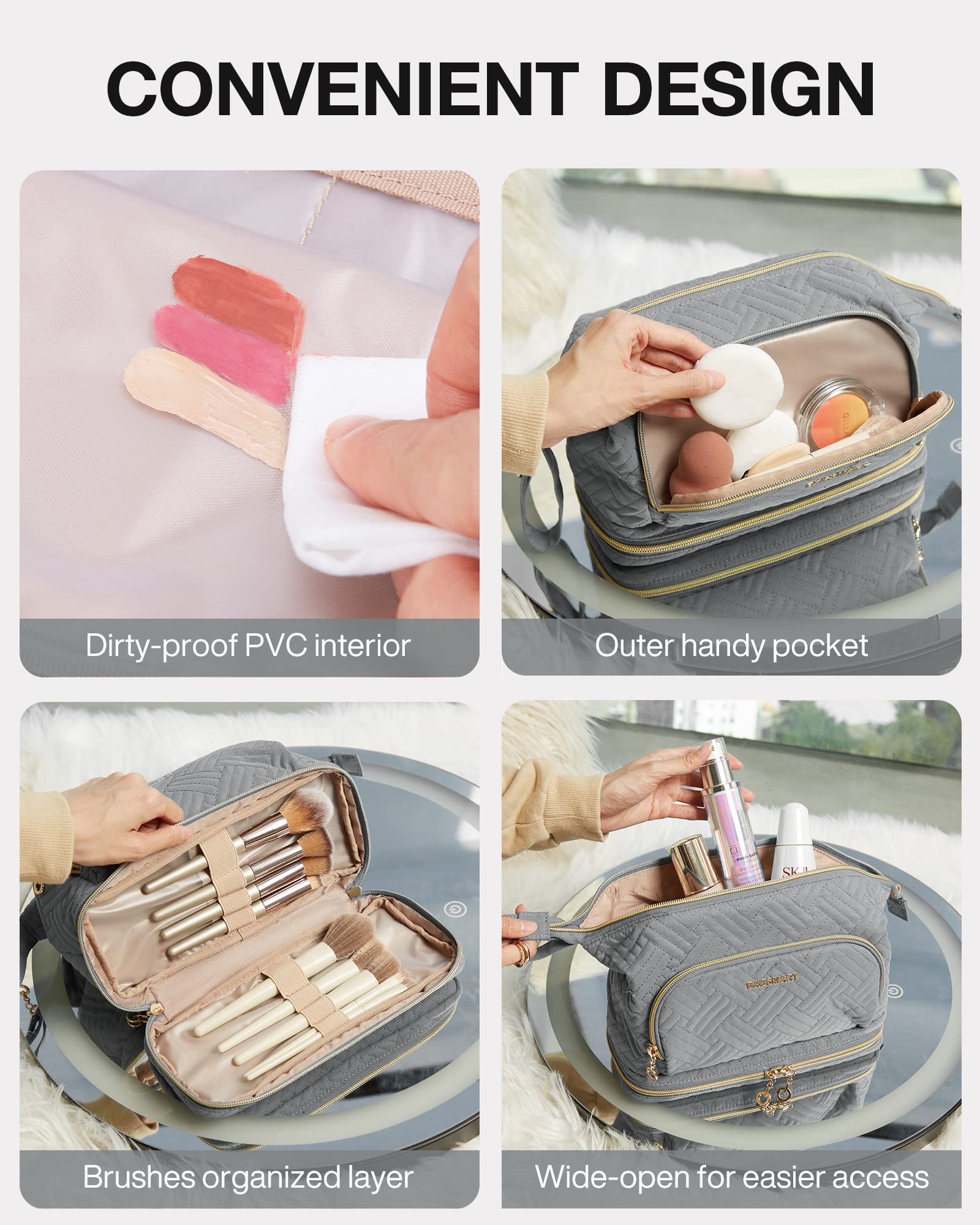 BAGSMART PVC-lined pocket keeps powders neat and easy to wipe clean
