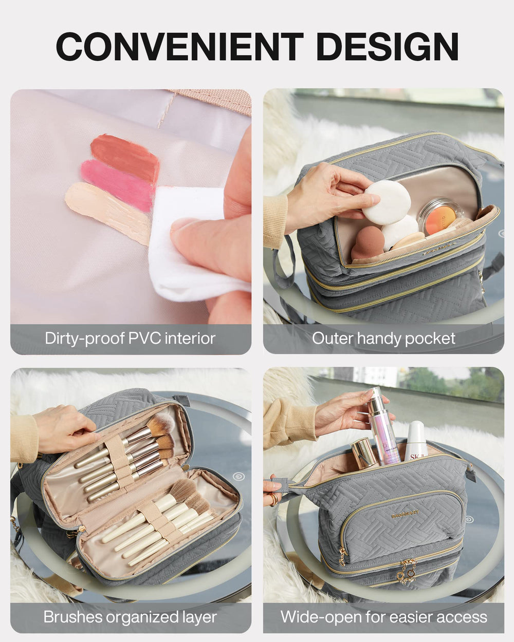BAGSMART PVC-lined pocket keeps powders neat and easy to wipe clean