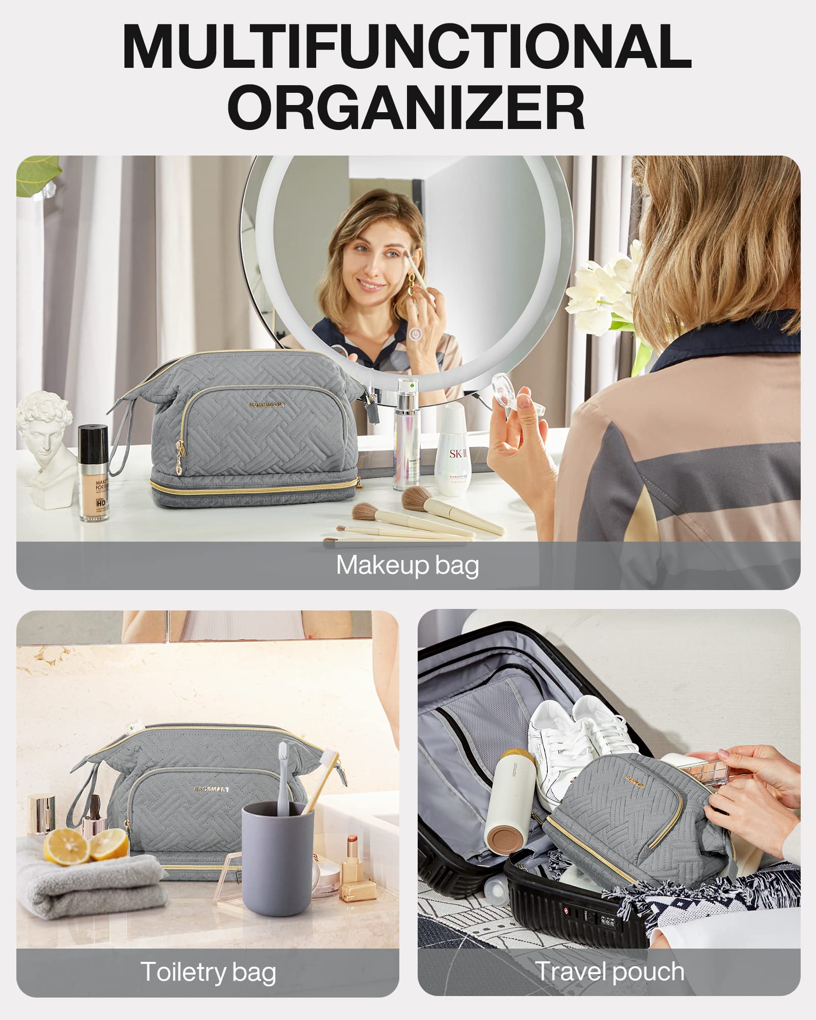 BAGSMART roomy travel pouch fits full-size cosmetics and daily essentials