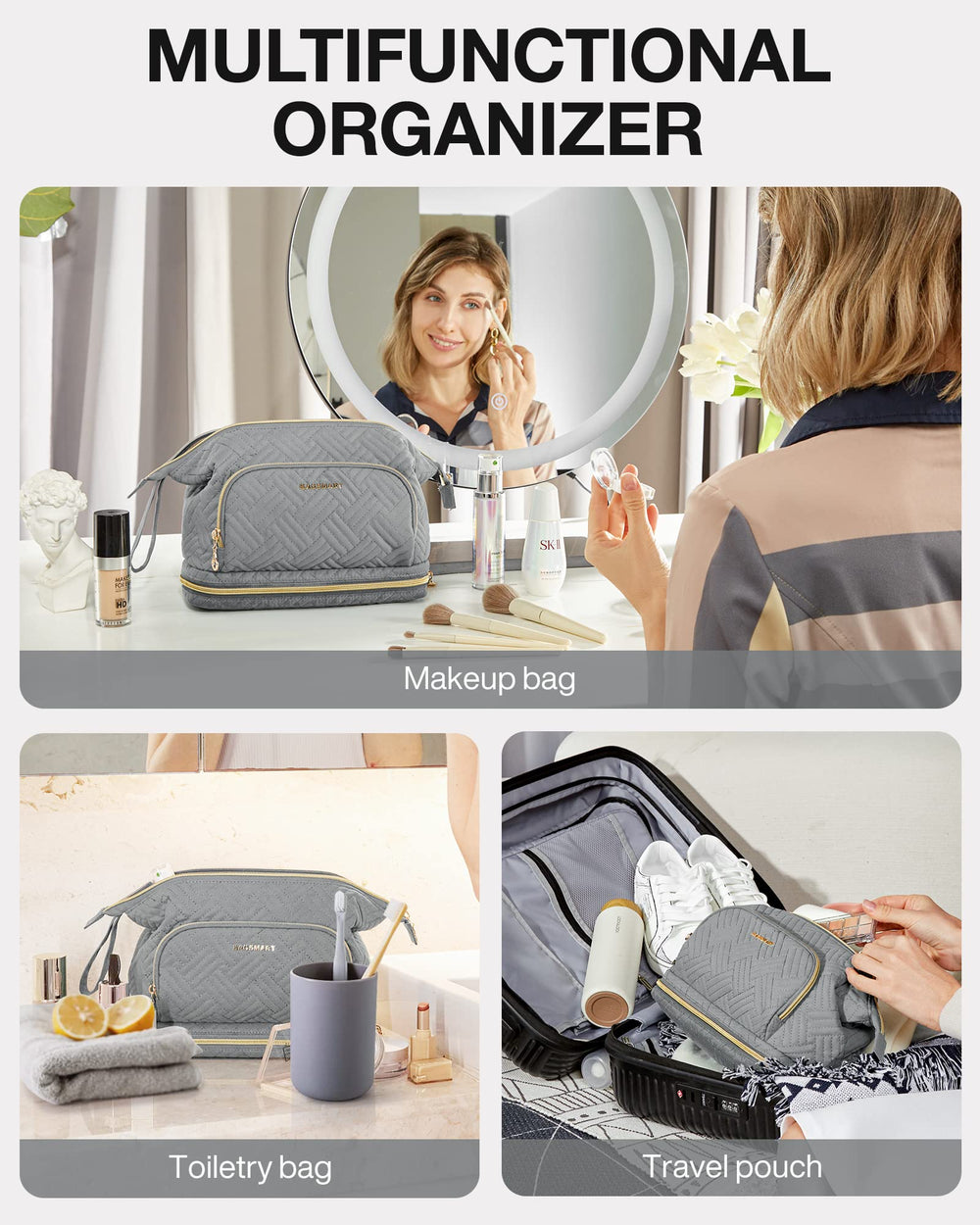 BAGSMART roomy travel pouch fits full-size cosmetics and daily essentials