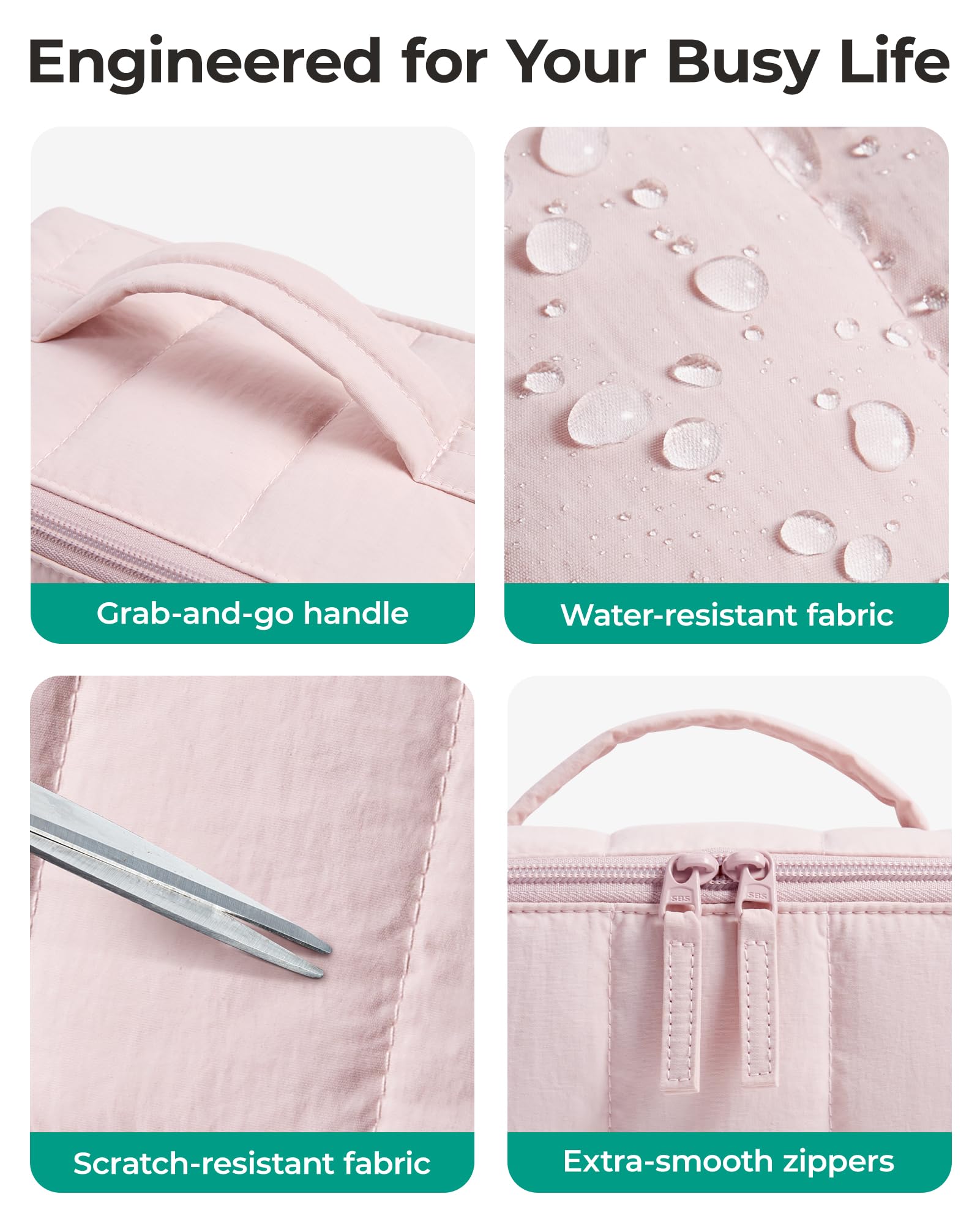 Water-resistant fabric protects contents during travel and spills.