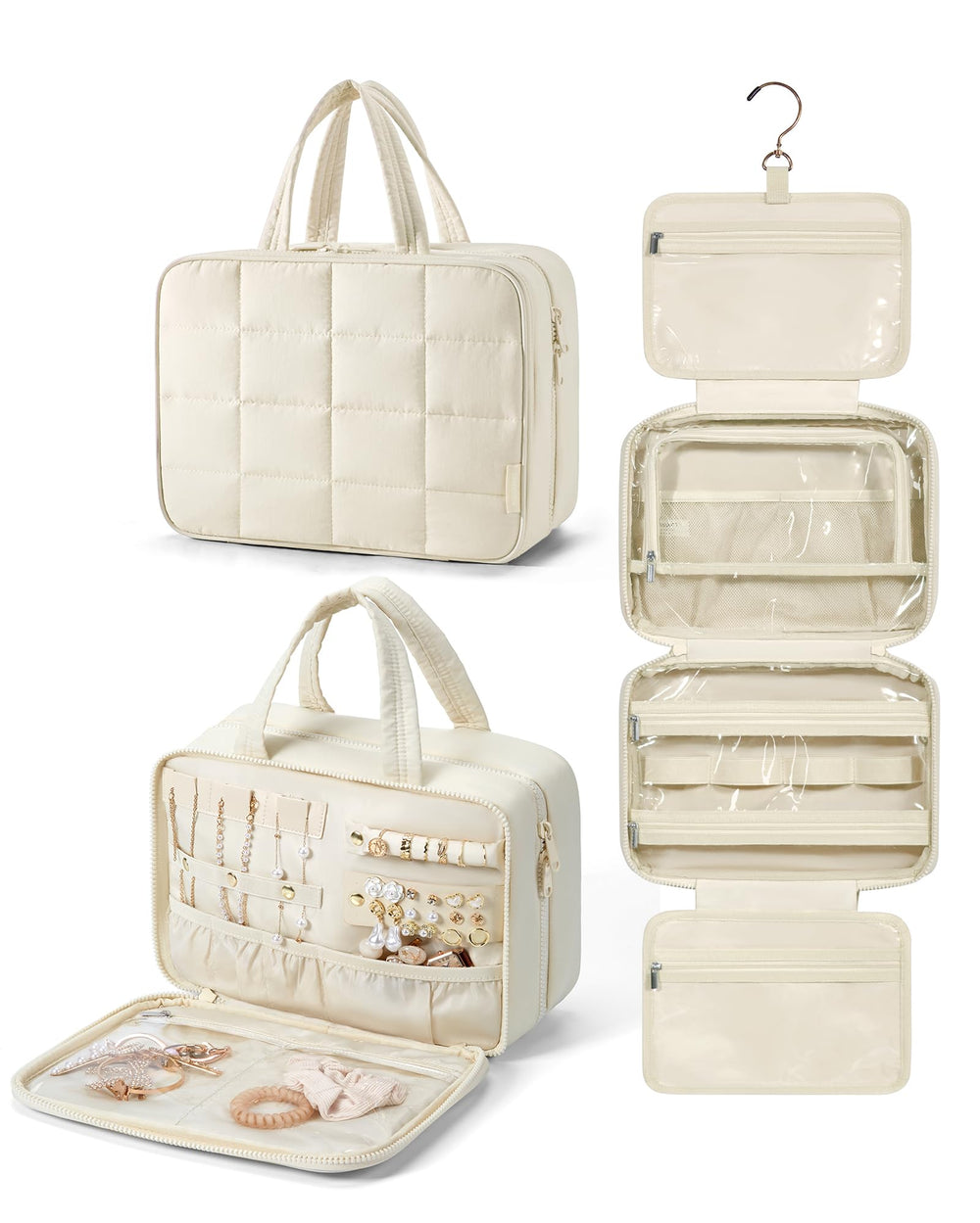BAGSMART travel toiletry bag beige front view showcases spacious organization for cosmetics