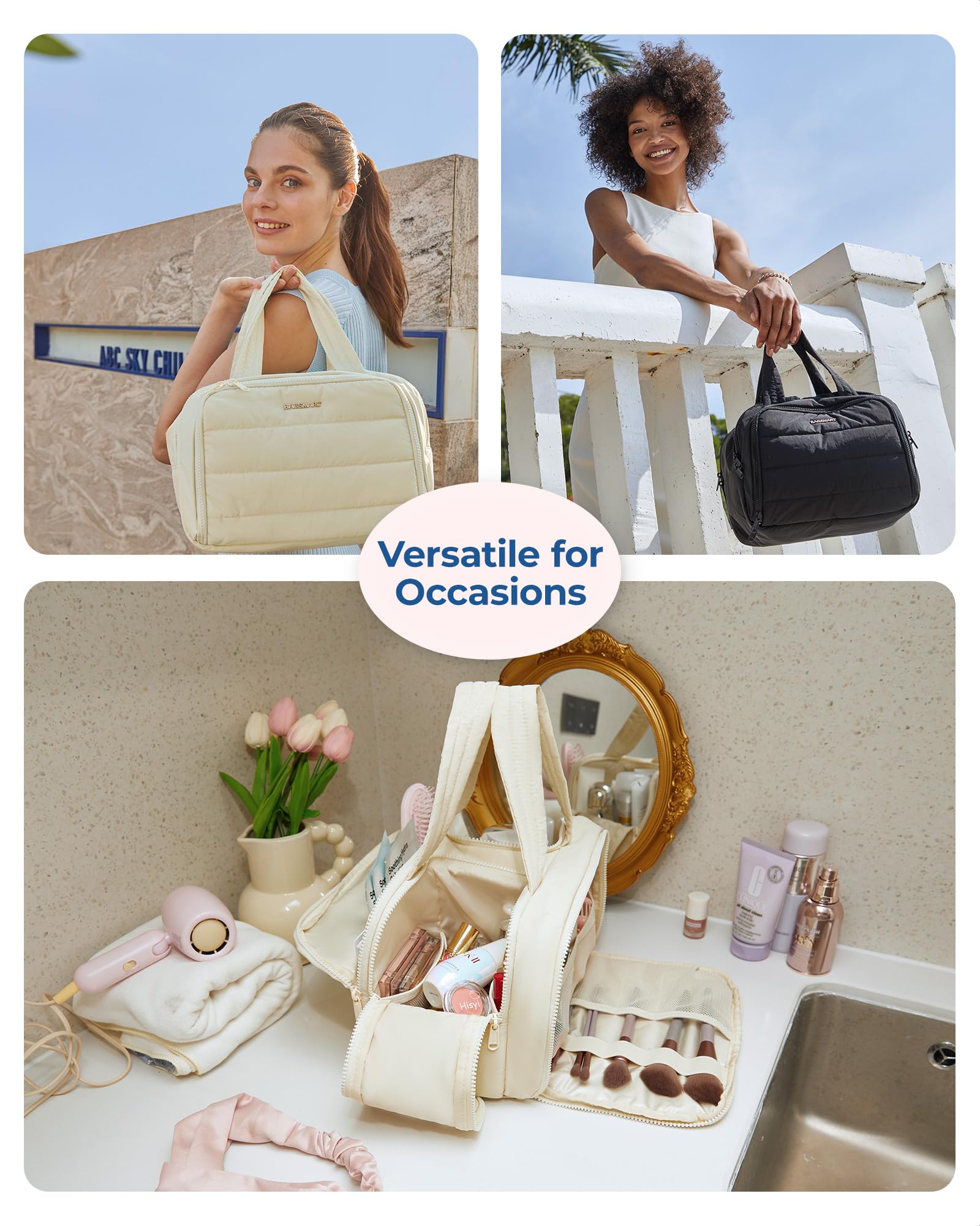 BAGSMART Travel Toiletry Bag beige side view suits business trips and weekend getaways.