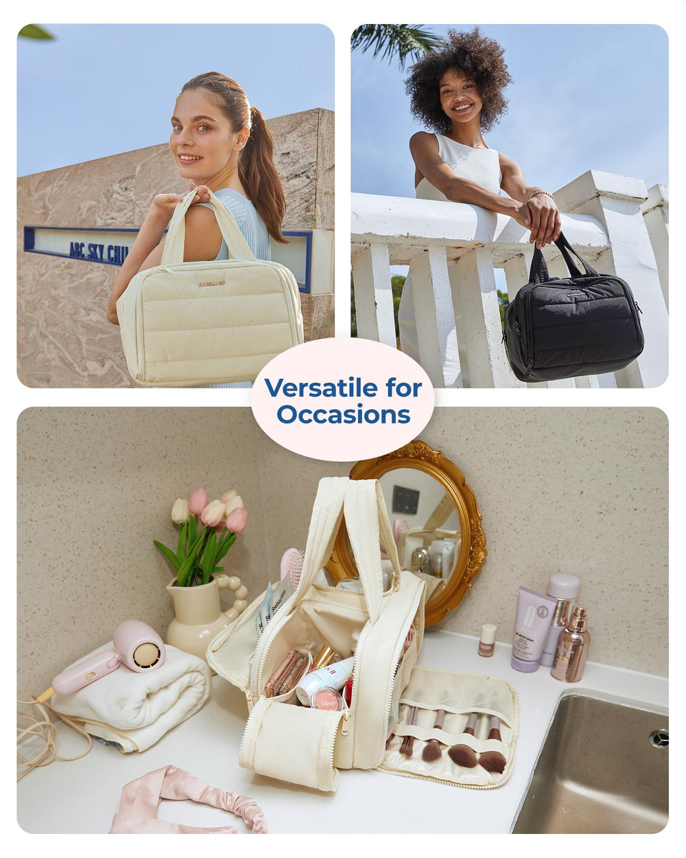 BAGSMART Travel Toiletry Bag beige side view suits business trips and weekend getaways.